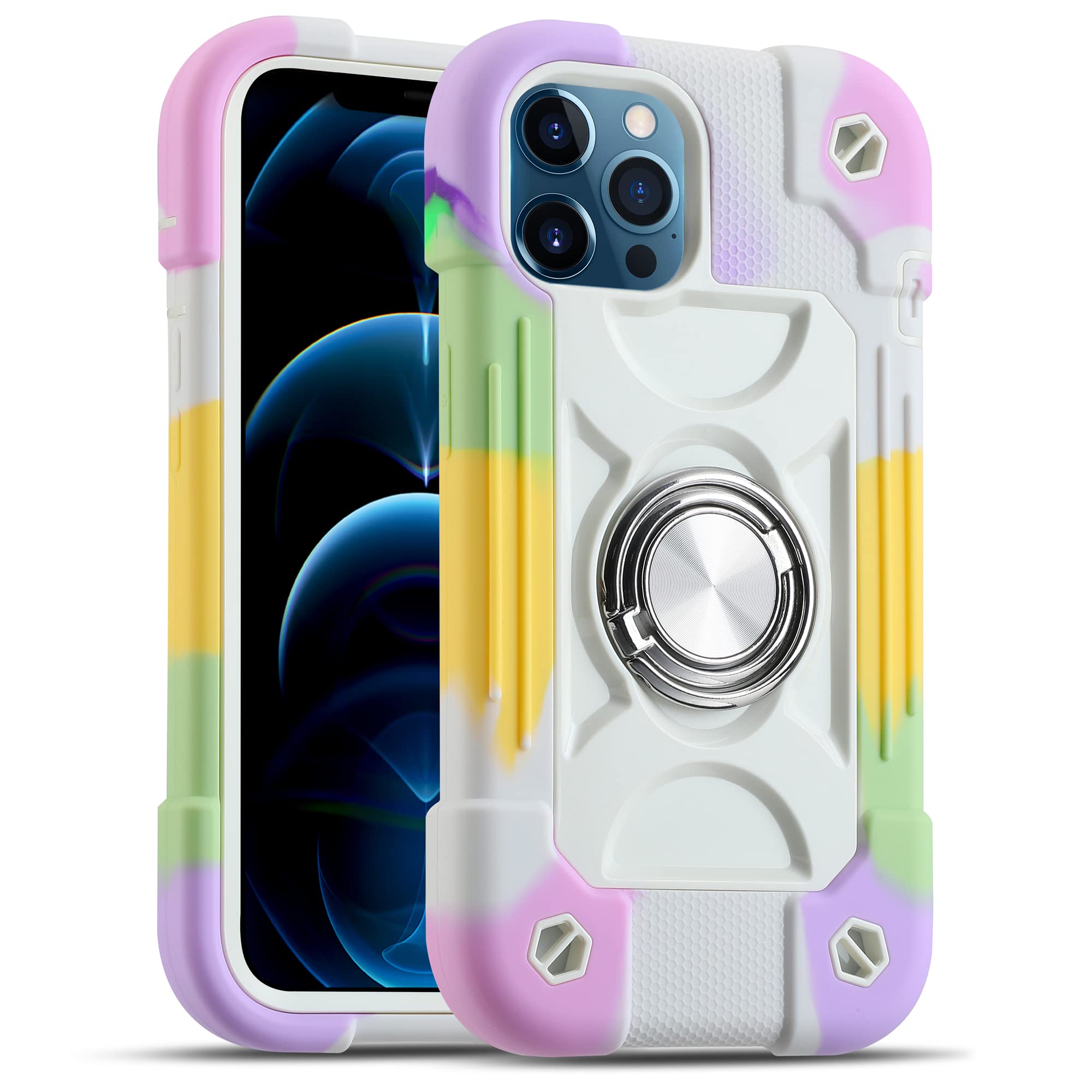 MARKILL iPhone 12 Pro Max Case 6.7 Inch with Ring Stand - Military Grade Drop Protection, Heavy Duty Rugged Full Body Cover (Rainbow White) | Perfect for Outdoor Adventures, Work & Everyday Use