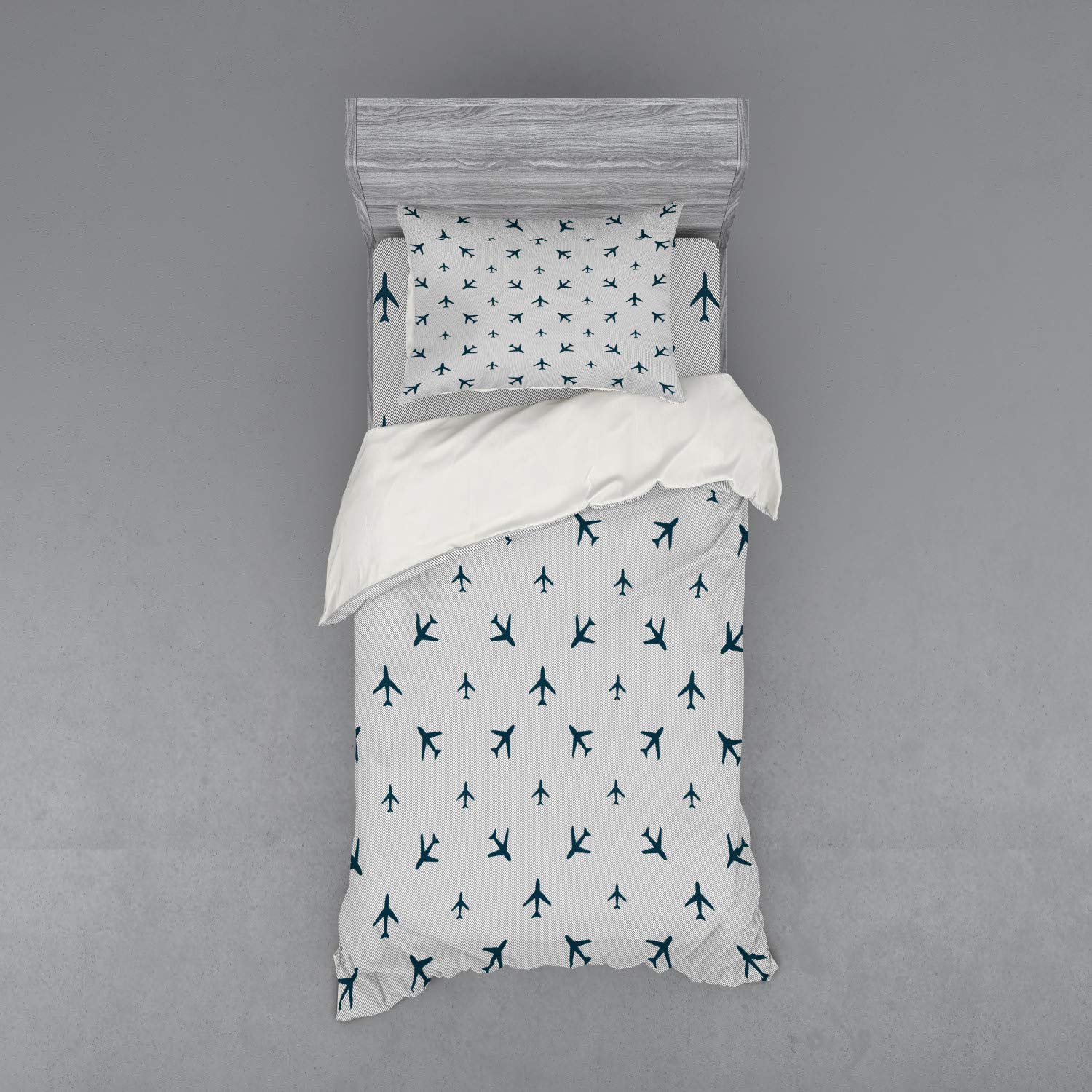 Ambesonne Airplane Duvet Cover Set - Blue Travel Silhouettes & Diagonal Stripes Aviation Theme | 3-Piece Bedding Set with Pillow Sham & Fitted Sheet | Twin XL Size in Petrol Blue, Black & White | Perfect for Kids' Rooms, Travel-Themed Bedrooms & Aviation Enthusiasts