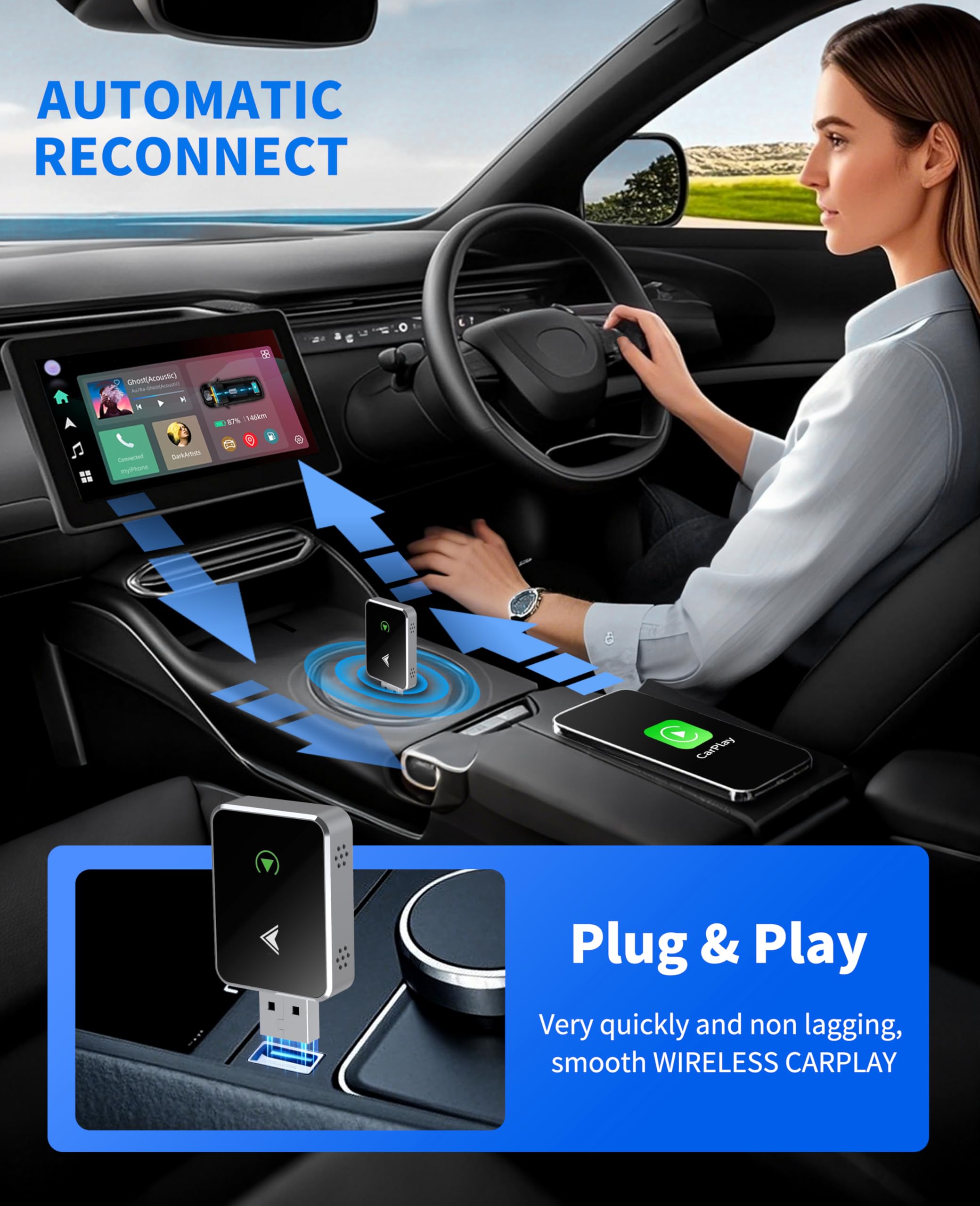 2025 Upgraded Wireless CarPlay & Android Auto Adapter - Mini 2-in-1 USB/USB-C Converter for iPhone & Android | Plug & Play, Stable Connection, No Delay | Perfect for Commuting, Road Trips & Hands-Free Driving
