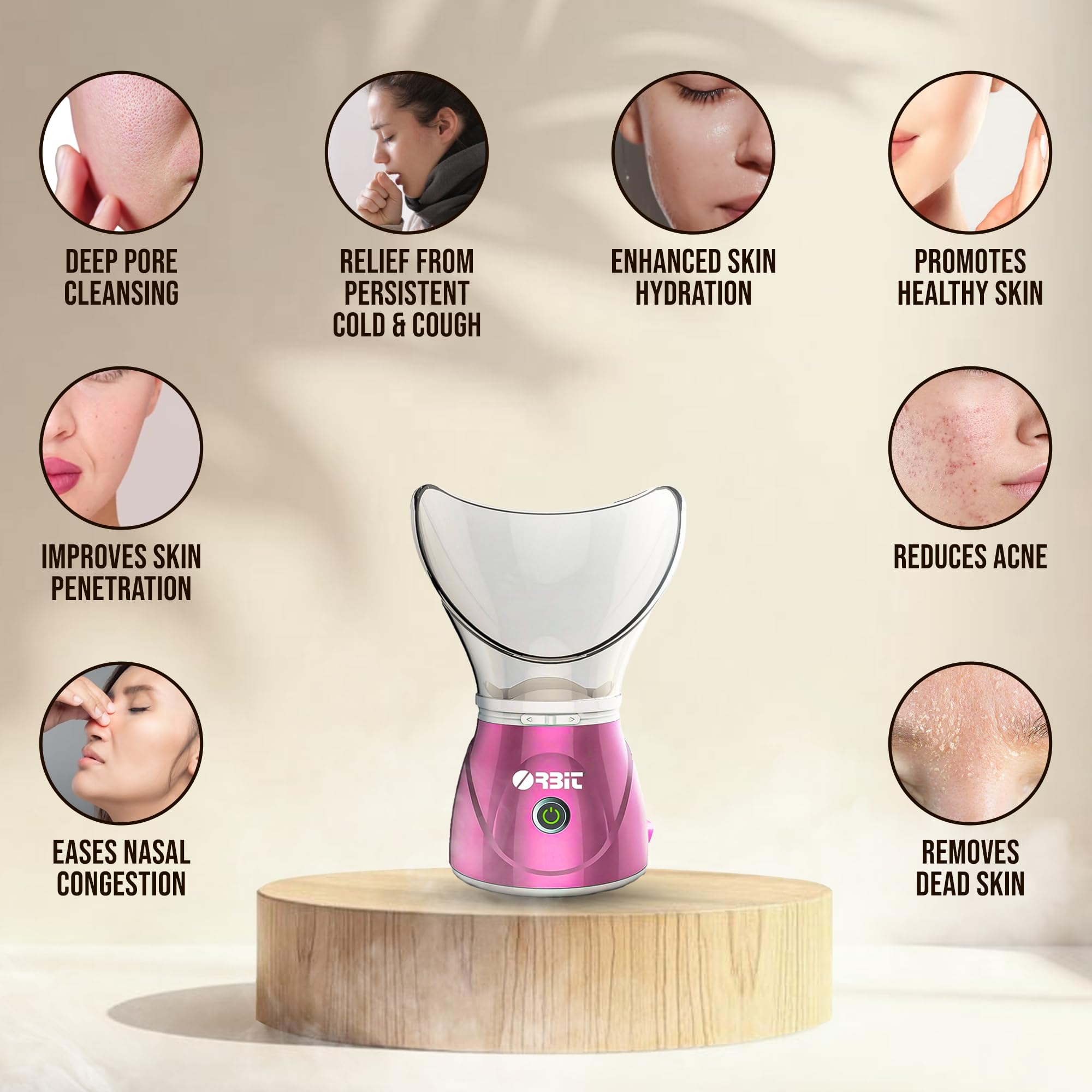 Orbit 2-in-1 Nano Ionic Facial Steamer & Vaporizer for Cold, Cough Relief - Home Spa Inhaler with Warm Mist Therapy (Pink) | Perfect for Relaxation, Sinus Relief & Skincare Routine