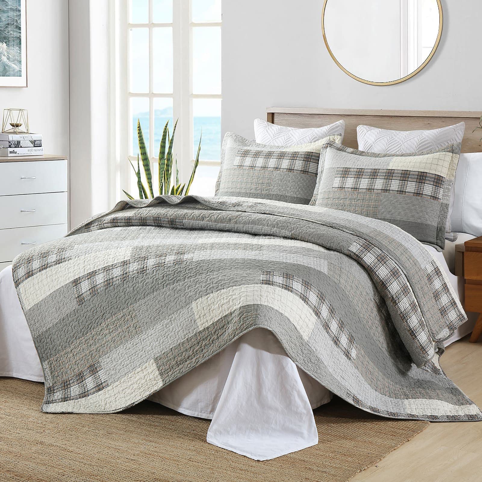 100% Cotton King Size Quilt Set - Soft Plaid Bedspread & Farmhouse Style Bedding | 3-Piece All Season Comforter Set for Master Bedroom, Guest Room & Cozy Home Decor
