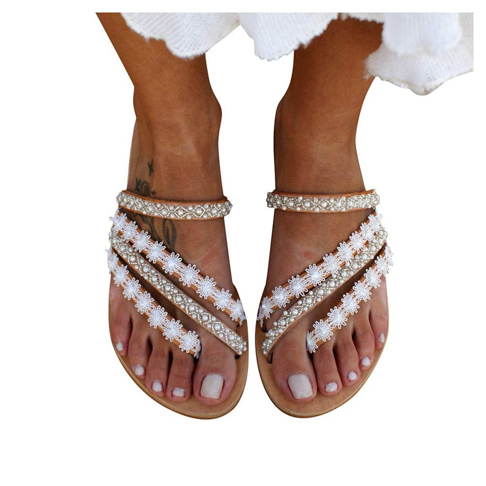 Women's Bohemian Rhinestone Pearl Thong Sandals - Flat Gladiator Open Toe Dress Shoes for Summer Beach, Wedding & Party Occasions