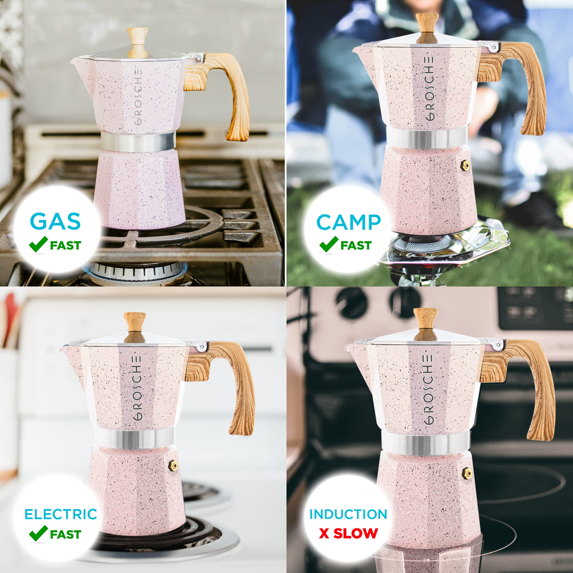 GROSCHE Milano Moka Pot - 9 Cup Stovetop Espresso Maker & Coffee Percolator in Pink | Italian Style Greca Coffee Maker for Home & Office | Perfect for Camping, Gifts & Coffee Lovers