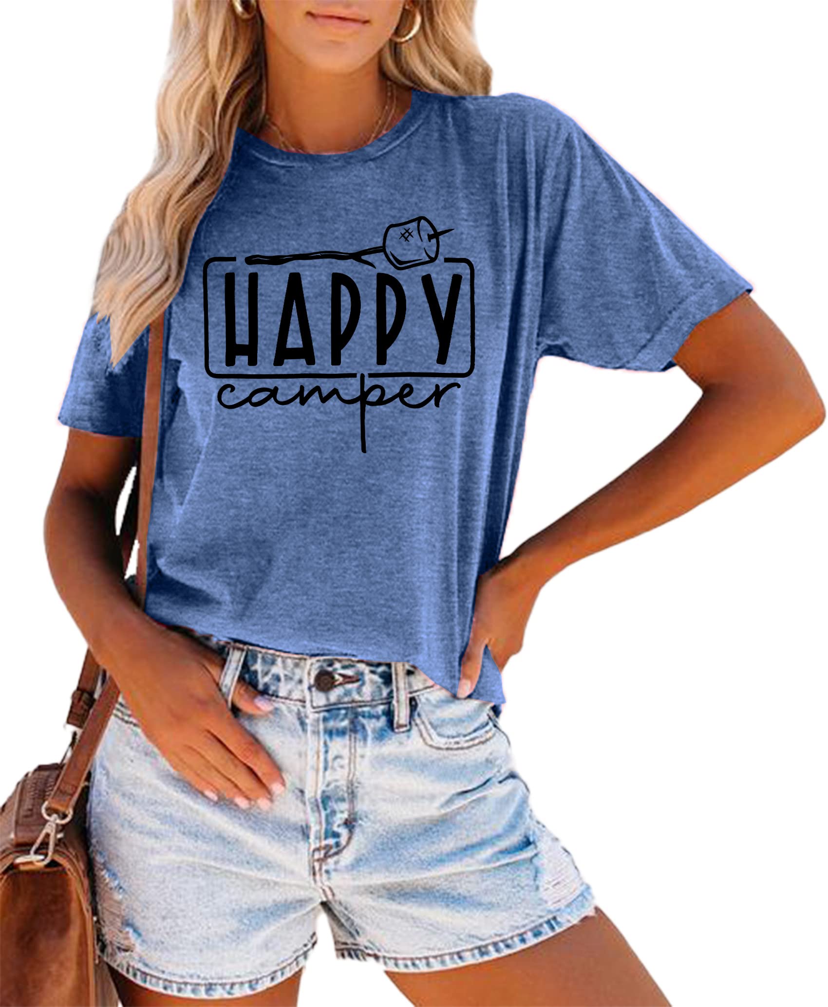 Happy Camper Graphic T-Shirt for Women - Funny Marshmallow Print Casual Summer Camping Tee - Perfect for Outdoor Adventures, Bonfires & Cozy Nights