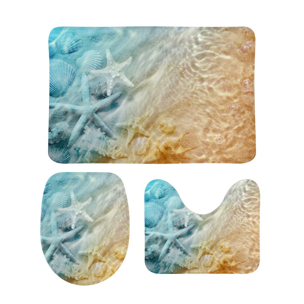 3 Piece Bathroom Rug Set - Non-Slip Seashell Starfish Beach Theme Contour Mat, Toilet Lid Cover & Bath Mat for Coastal Decor | Soft Gradient Maritime Design for Bathroom, Guest Room & Vacation Homes