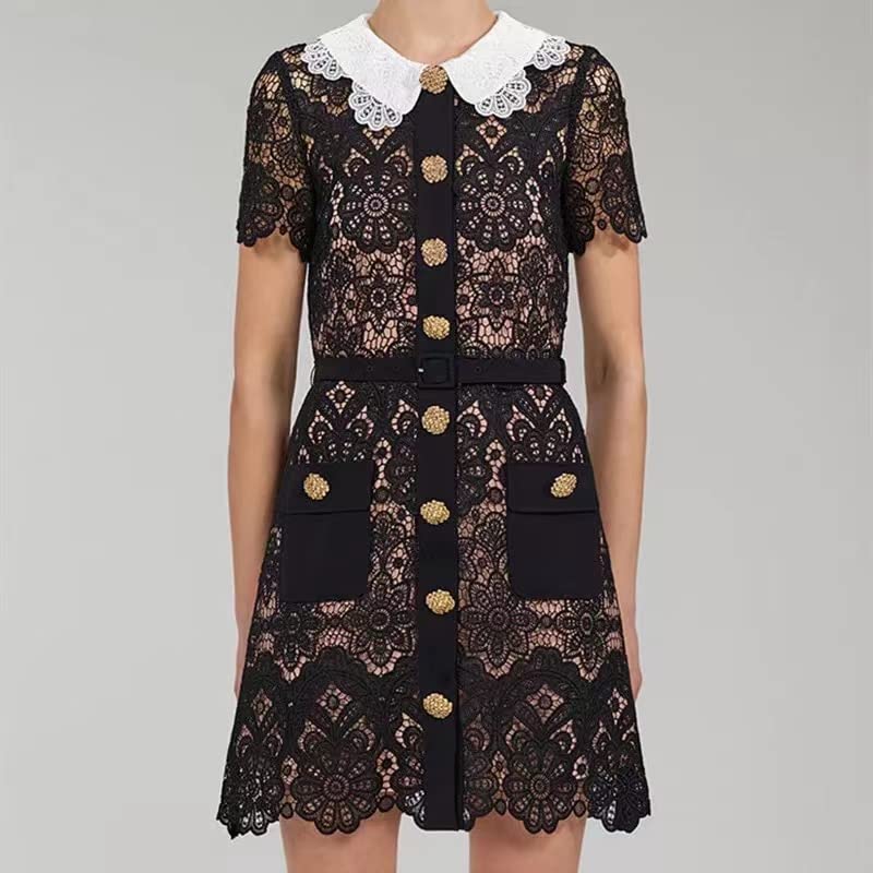 Elegant Black Lace Hollow Out Embroidery Bodycon Dress with Gold Buttons & Peter Pan Collar - Summer Short Sleeve Belted Dress for Women | Perfect for Cocktail Parties, Date Nights & Special Occasions