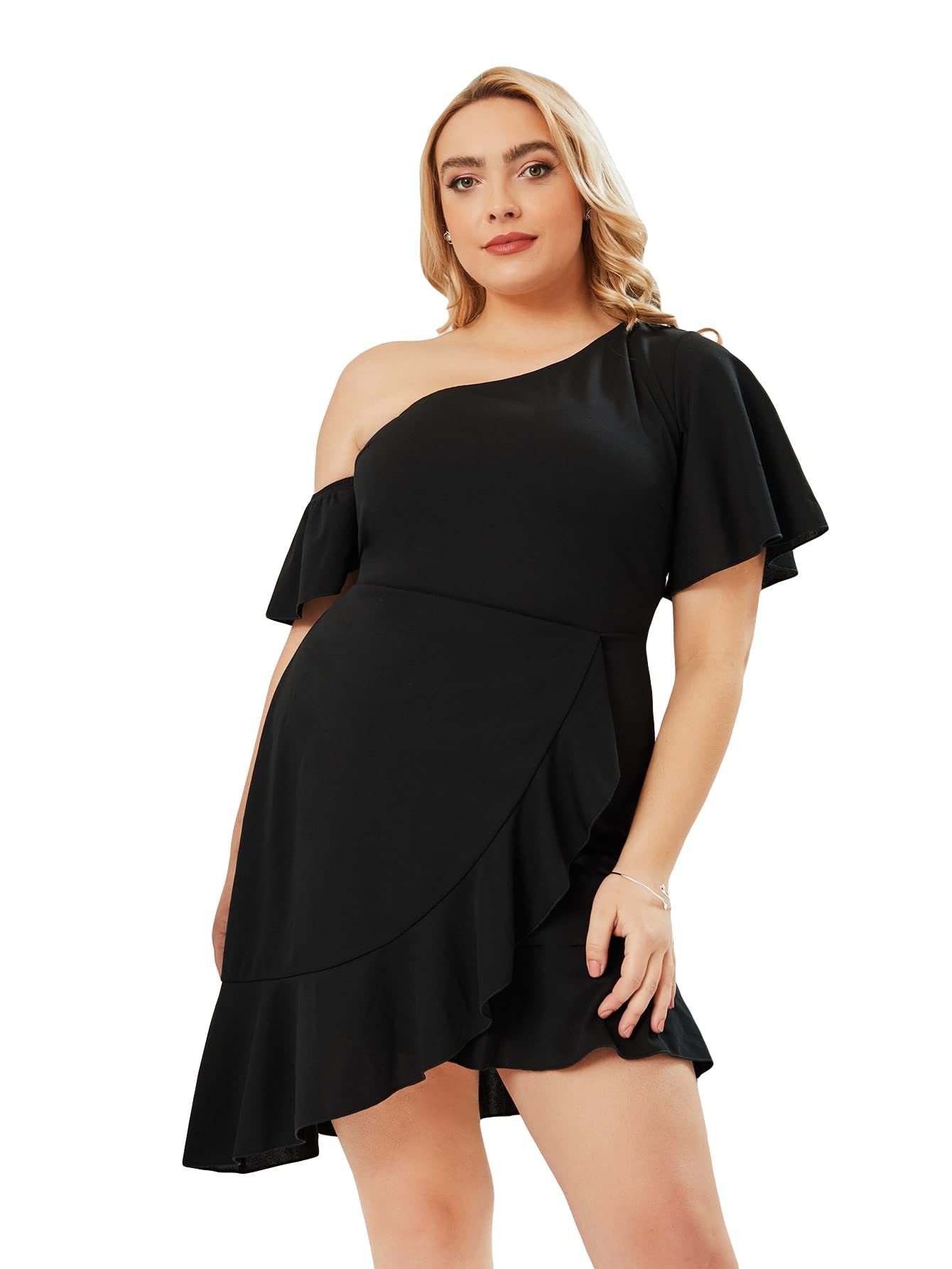 WDIRARA Women's Plus Size One Shoulder Short Sleeve Ruffle Trim Wrap Dress - Elegant Summer Party Cocktail Dress for Weddings, Vacations & Date Nights