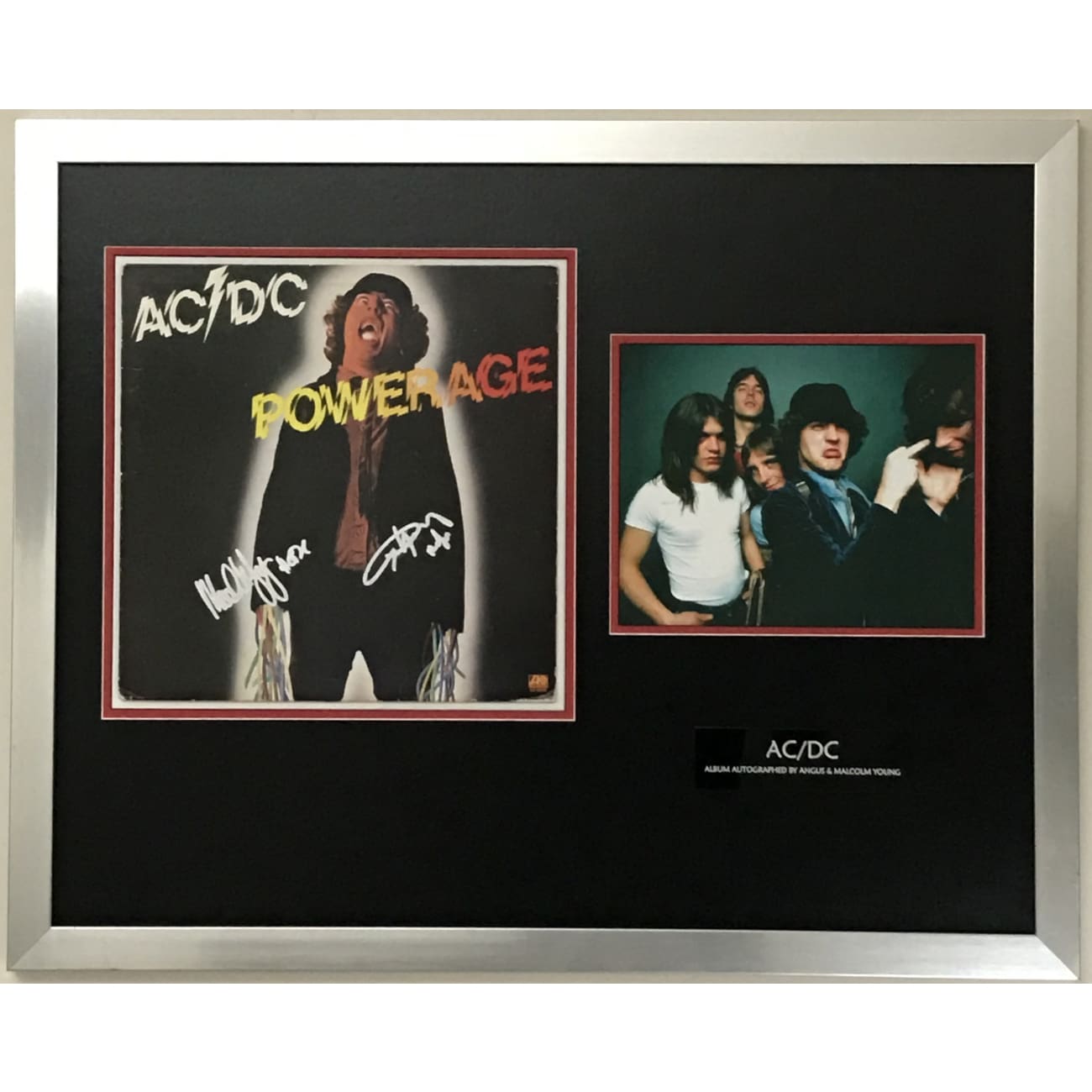 Authentic AC/DC Album Collage Signed by Angus & Malcolm Young with JSA COA - Rare Rock Memorabilia for Collectors & Music Fans - Perfect for Home Decor, Man Cave, or Gift for AC/DC Enthusiasts