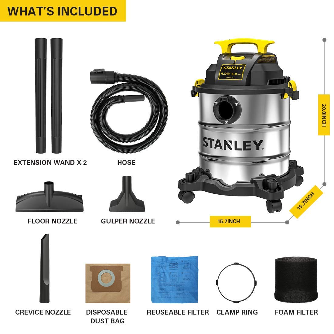 STANLEY 6 Gallon Wet Dry Vacuum Cleaner - 4 Peak HP Stainless Steel 3-in-1 Shop Vac with Blower Function | Powerful Multi-Purpose Vac for Home, Garage, Workshop, Jobsite, Basement Cleaning | Ideal for DIY Projects, Construction Debris, Liquid Spills, and Heavy Duty Cleaning Tasks (Model SL18116)