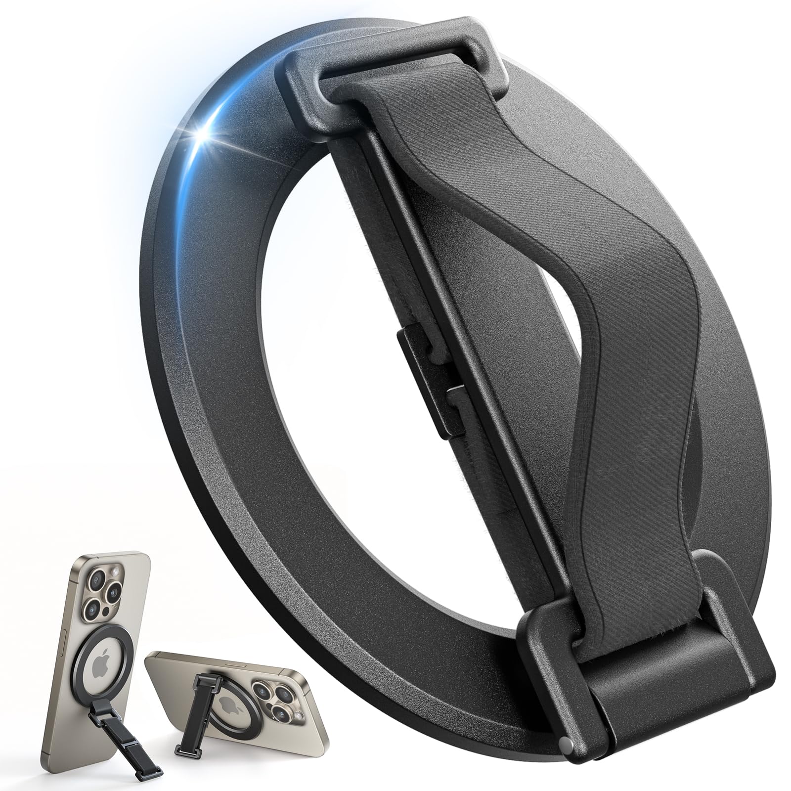 SUPERONE 2025 Upgraded MagSafe Phone Grip with Finger Strap & Kickstand - Removable Magnetic Ring Holder for iPhone 16/15/14/13/12 Series (Black) - Perfect for One-Hand Use, Video Calls, and Secure Phone Handling