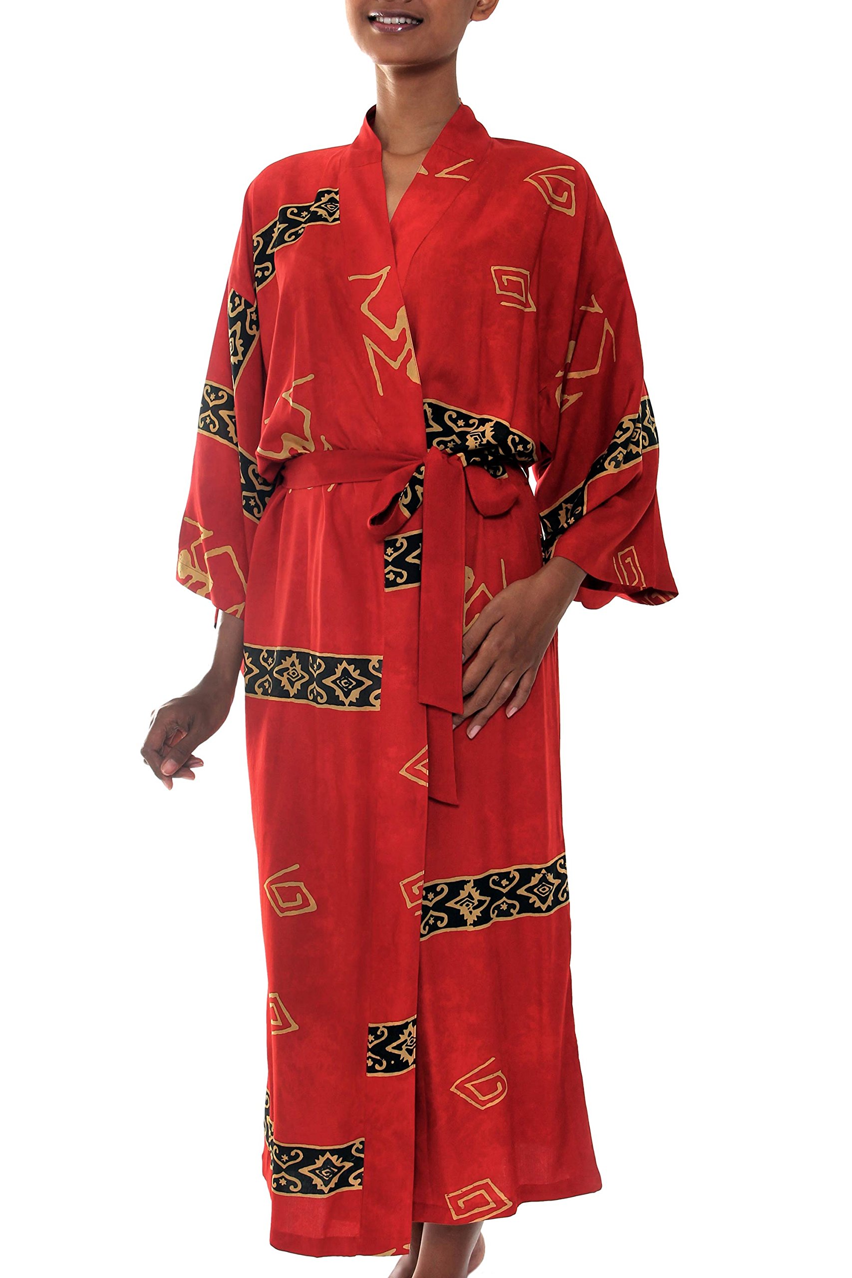 Handmade Batik Robe for Women - Artisan Crafted Red Rayon Kimono with Intricate Patterns | NOVICA Indonesia | Perfect for Spa, Lounge & Boho Fashion