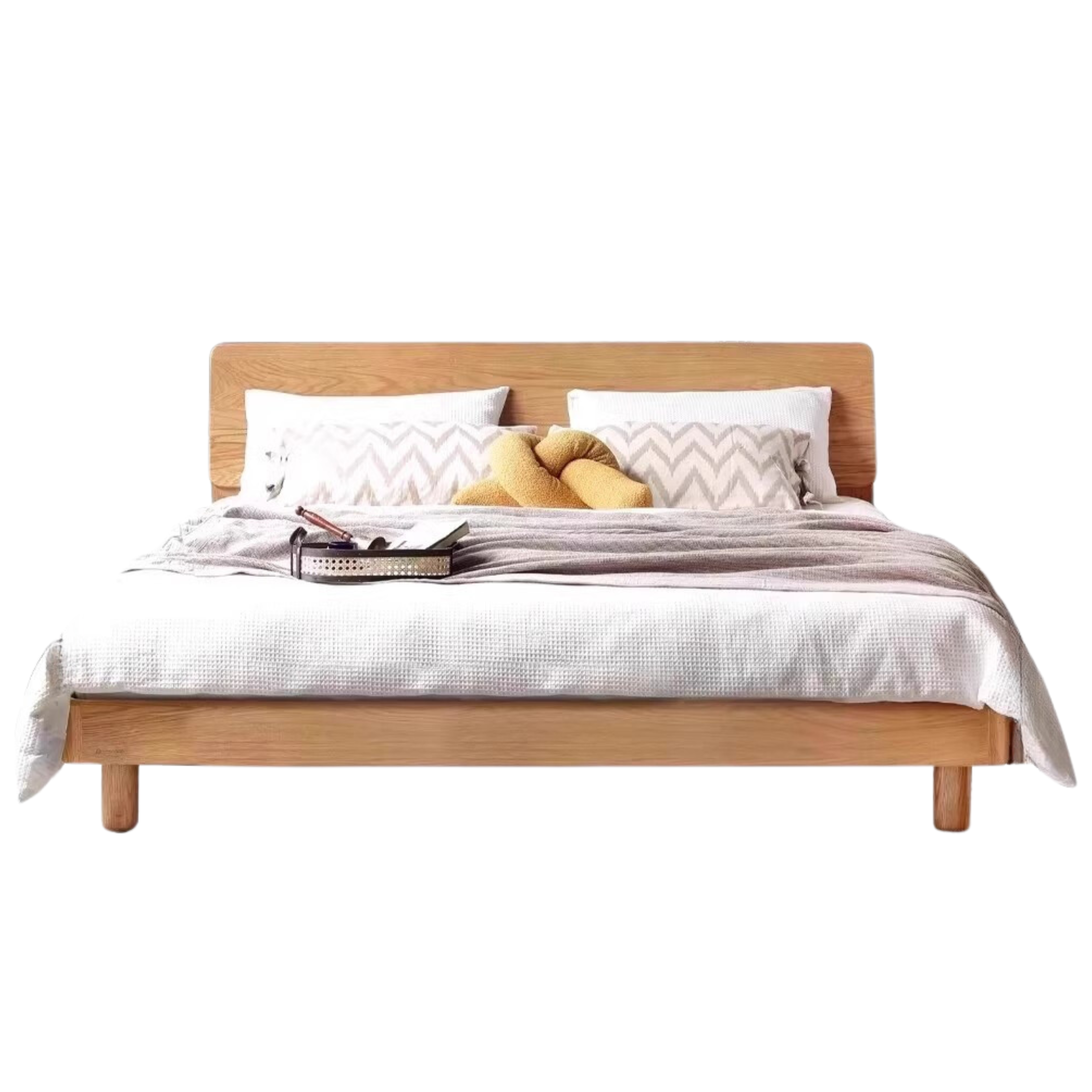Solid Oak Wood Platform Bed with Bookshelf Headboard - Modern Bedroom Furniture for Small Spaces & Cozy Reading Nook