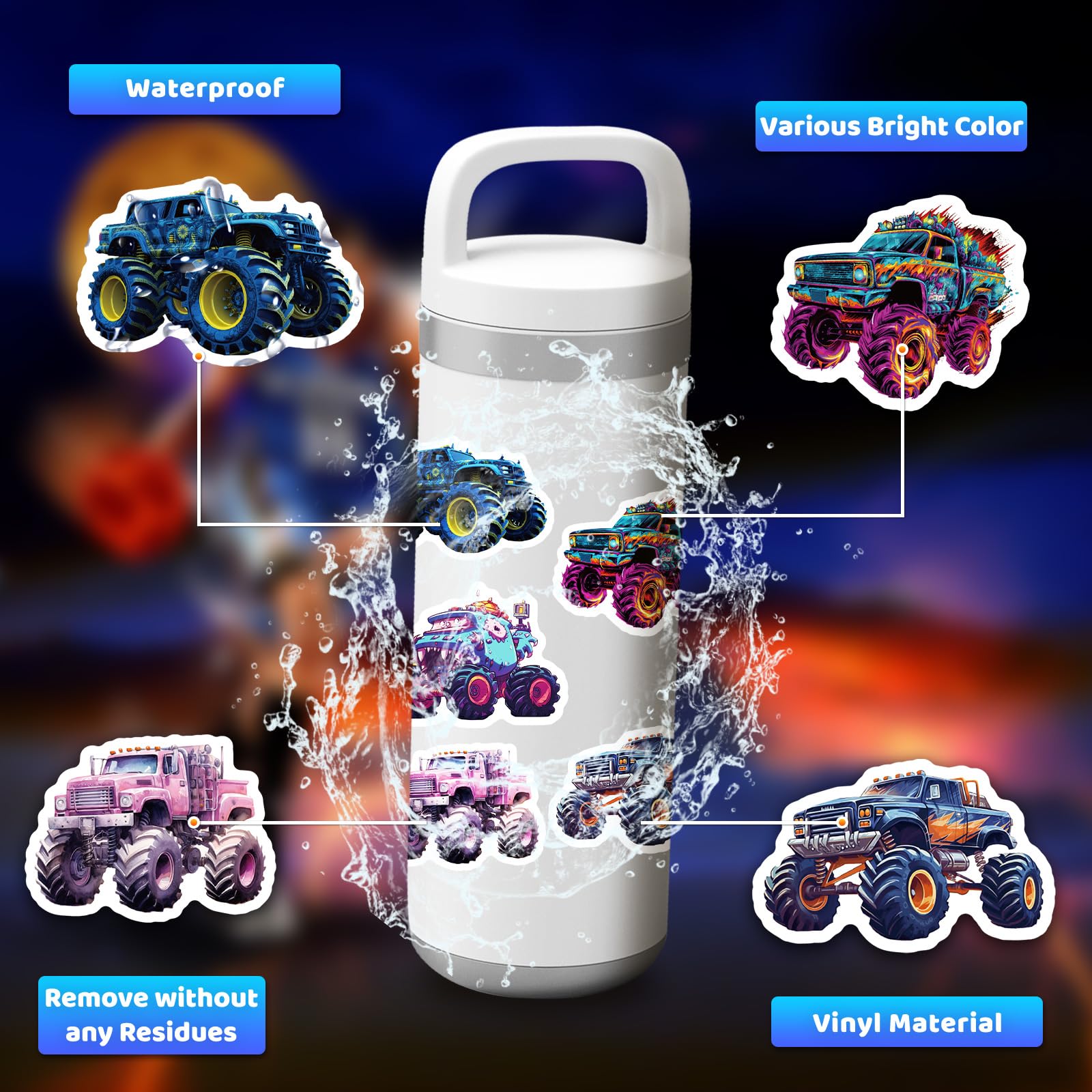 50 PCS Cool Monster Truck Vinyl Stickers - Waterproof Decals for Kids Teens Adults - Car, Laptop, Water Bottle, Luggage & Guitar Decor - Perfect for Birthday Parties, School Supplies & DIY Crafts