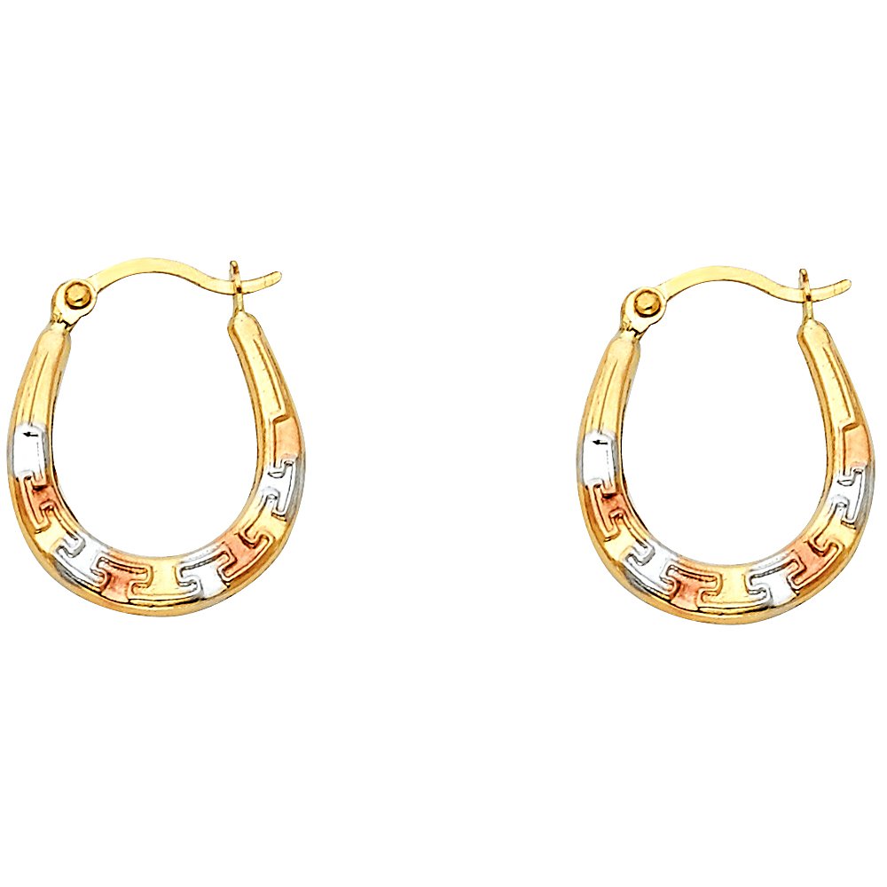 14K Tri-Color Gold Greek Key Hoop Earrings for Women - Elegant Fancy Hoops (17x14mm) - Perfect for Parties, Weddings & Everyday Wear