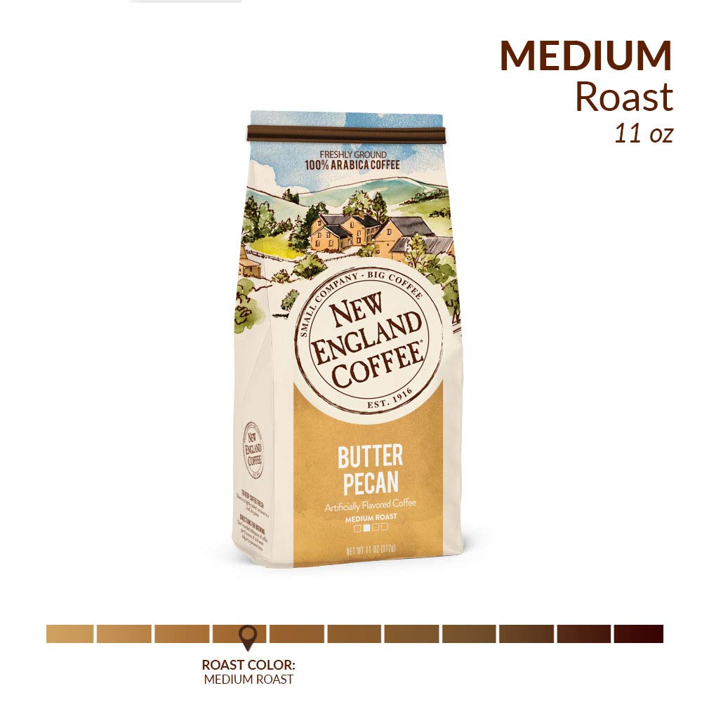 New England Butter Pecan Medium Roast Ground Coffee - 11oz Bag (Pack of 1) | Rich & Smooth Flavored Coffee for Breakfast, Office & Relaxing Moments