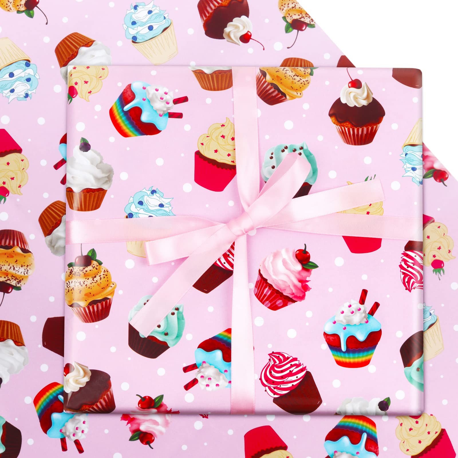 Pink Cupcake Birthday Wrapping Paper - 7 Sheets 20x28 Inch Gift Wrap with Ribbon for Kids, Girls, Boys | Perfect for Birthday Parties, Baby Showers & Gift Giving