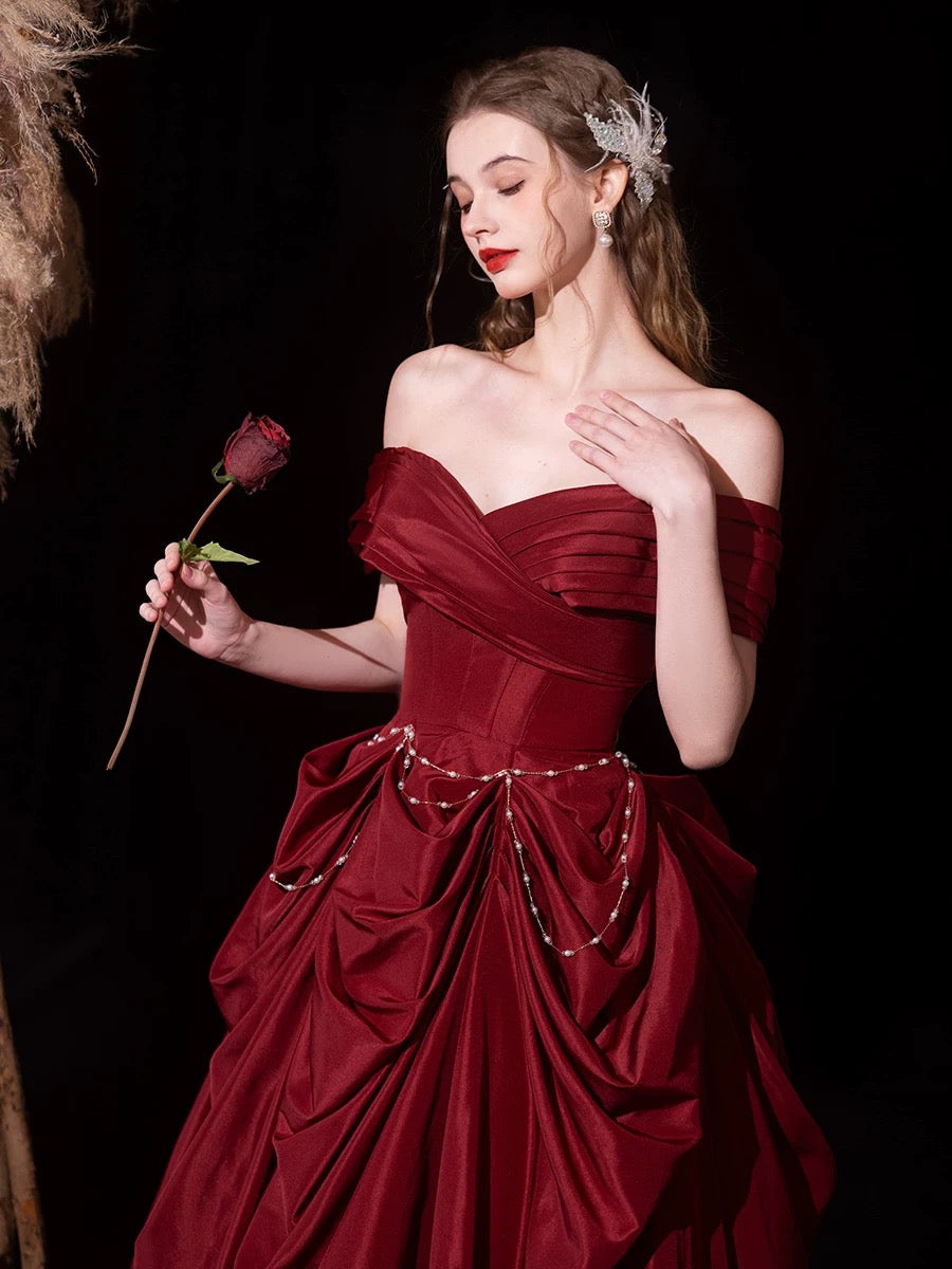 Elegant A-Line Off Shoulder Burgundy Satin Long Prom Dress for Women - Perfect for Evening Gala, Homecoming & Formal Events