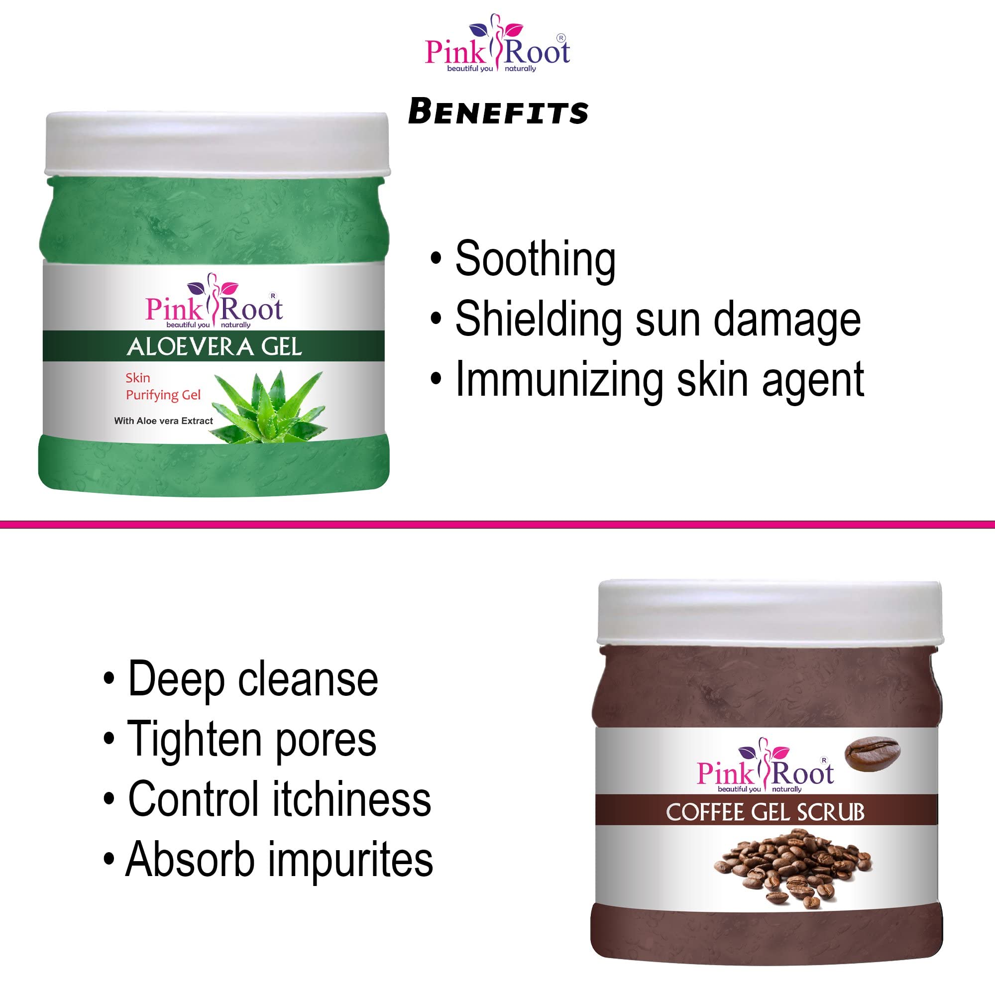 Organic Pink Root Aloe Vera Gel & Coffee Scrub Set - 500g Each - Natural Skin Care for Hydration & Exfoliation - Perfect for Face, Body & Hair Treatment - Spa Day & At-Home Beauty Routine