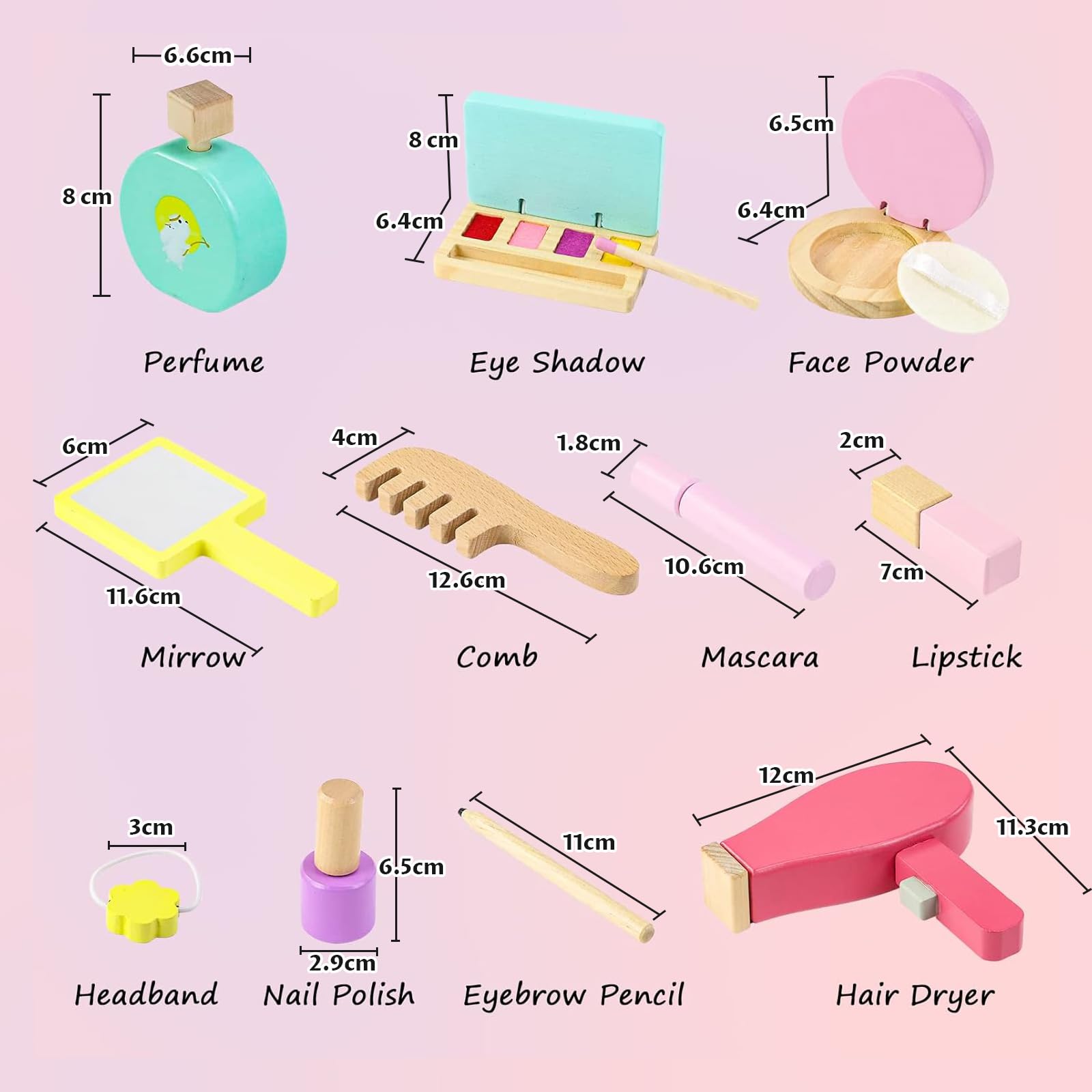 Jerryvon Kids Makeup Toy Set - 16pcs Wooden Cosmetic Role Play for Girls & Boys 3-5 Years, Easter Gift for Pretend Play