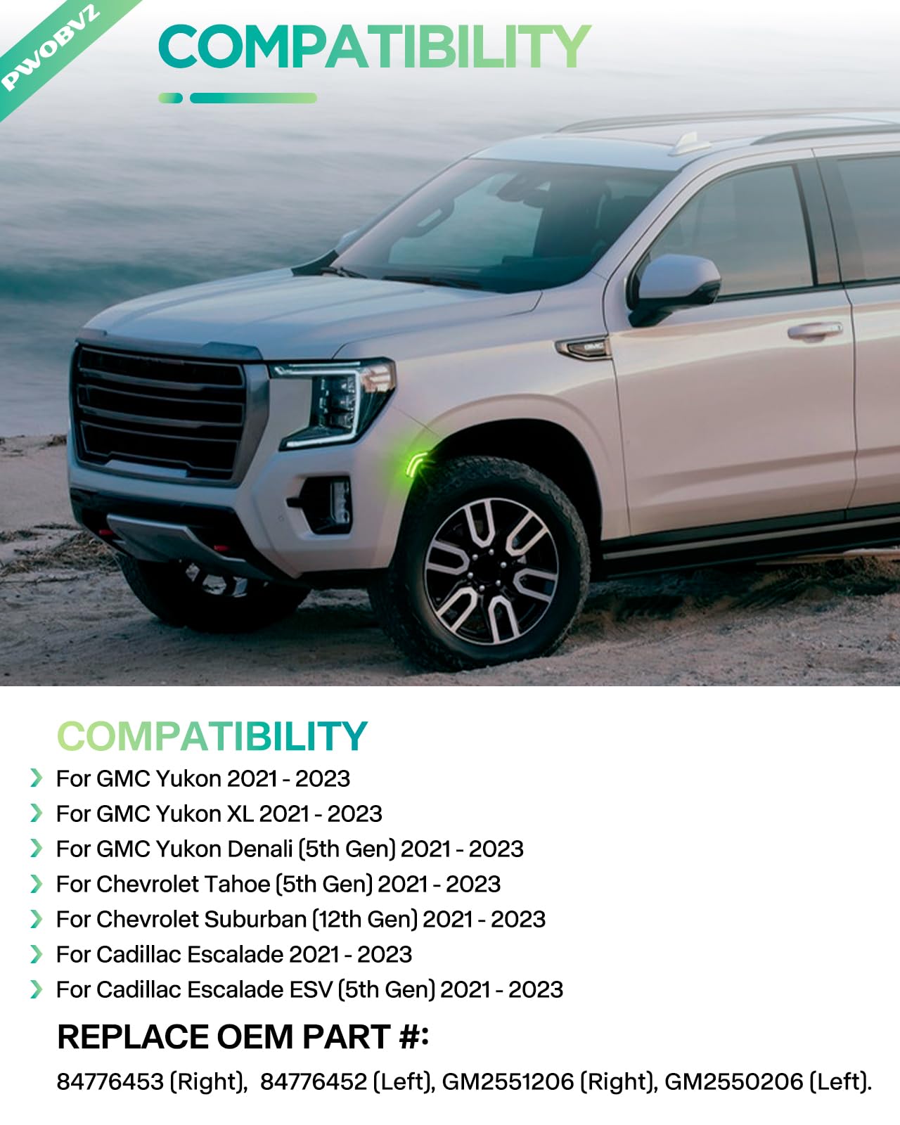 Lenom Smoked Green LED Side Marker Lights for Chevy Tahoe Escalade ESV Yukon XL Denali Suburban 2021-2024 - Durable Front Bumper Driving Lights (Pack of 2) - Perfect for Off-Roading & Nighttime Visibility