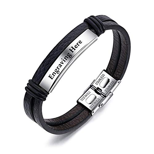 Personalized Black Leather Bracelet for Men & Women - Custom Engraved ID Bracelet - 7.6 Inch Adjustable Wristband - Perfect Gift for Dad, Father's Day, Anniversary & Special Occasions - Great for Everyday Wear, Outdoor Activities & Formal Events