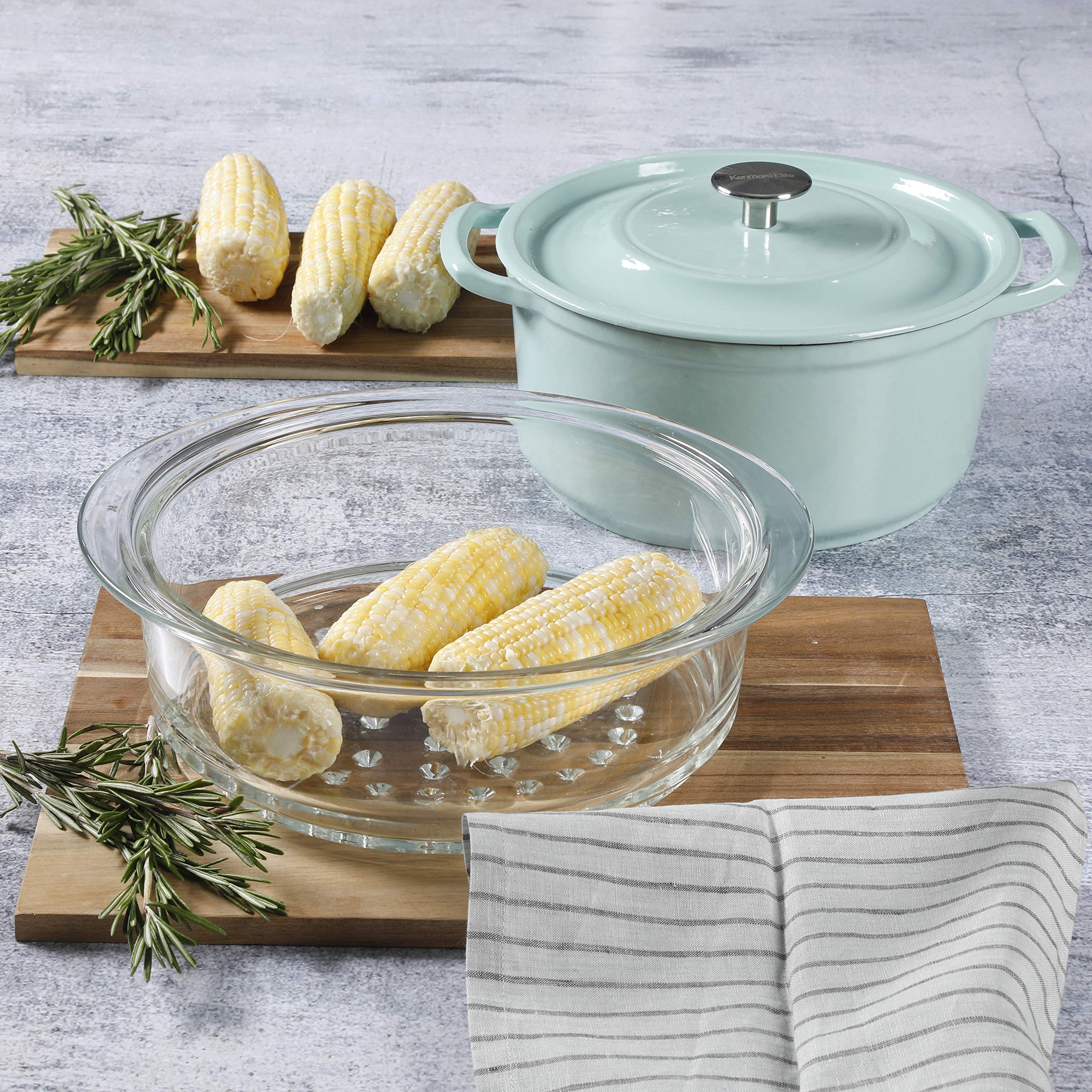 Kenmore 5-Quart Cast Iron Dutch Oven with Lid & Steamer - Glacier Blue | Heavy Duty Enameled Cookware for Baking, Braising & Steaming | Perfect for Soups, Stews & Family Meals