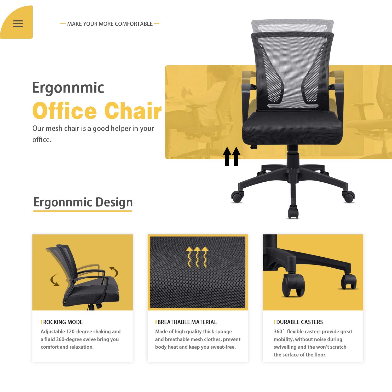 Ergonomic Mesh Office Chair with Lumbar Support - Adjustable Mid Back Computer Desk Chair, Swivel Rolling Task Chair with Armrest for Home & Office Use (Black) - Perfect for Long Work Hours, Gaming & Study Sessions