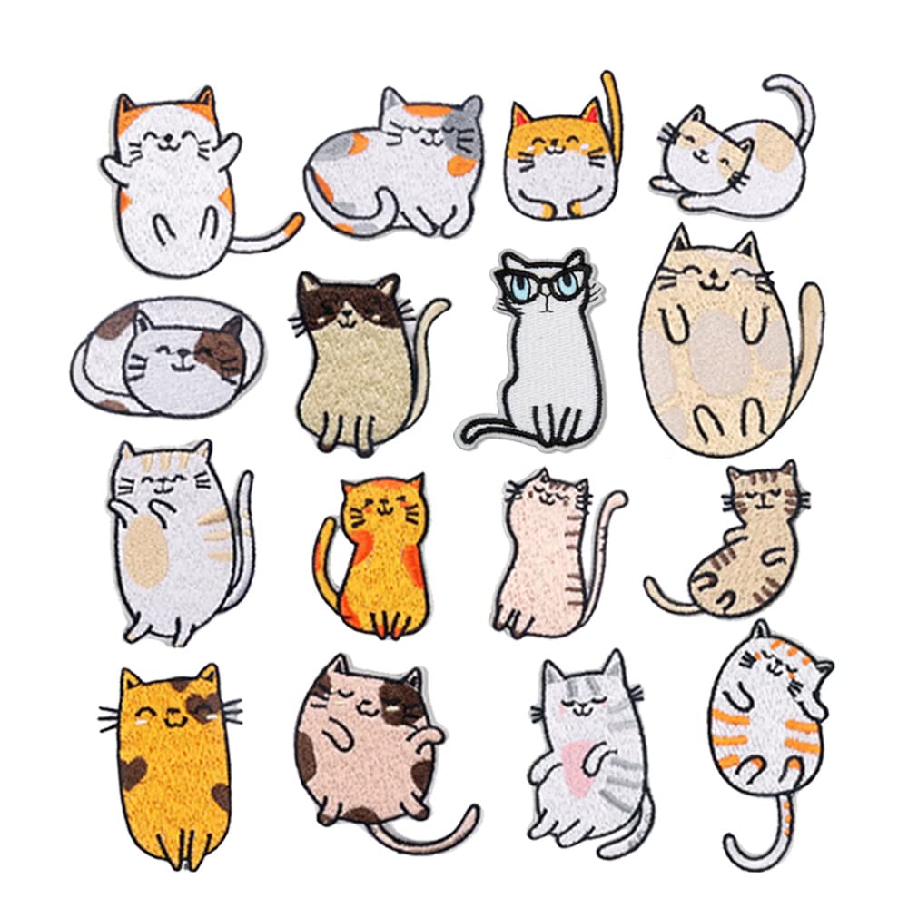 16Pcs Cute Cat Iron-On Patches for Clothing, Jeans, Backpacks & Jackets - Embroidered Applique DIY Sewing Patches for Kids & Adults - Perfect for Customizing Denim, Hats & Accessories