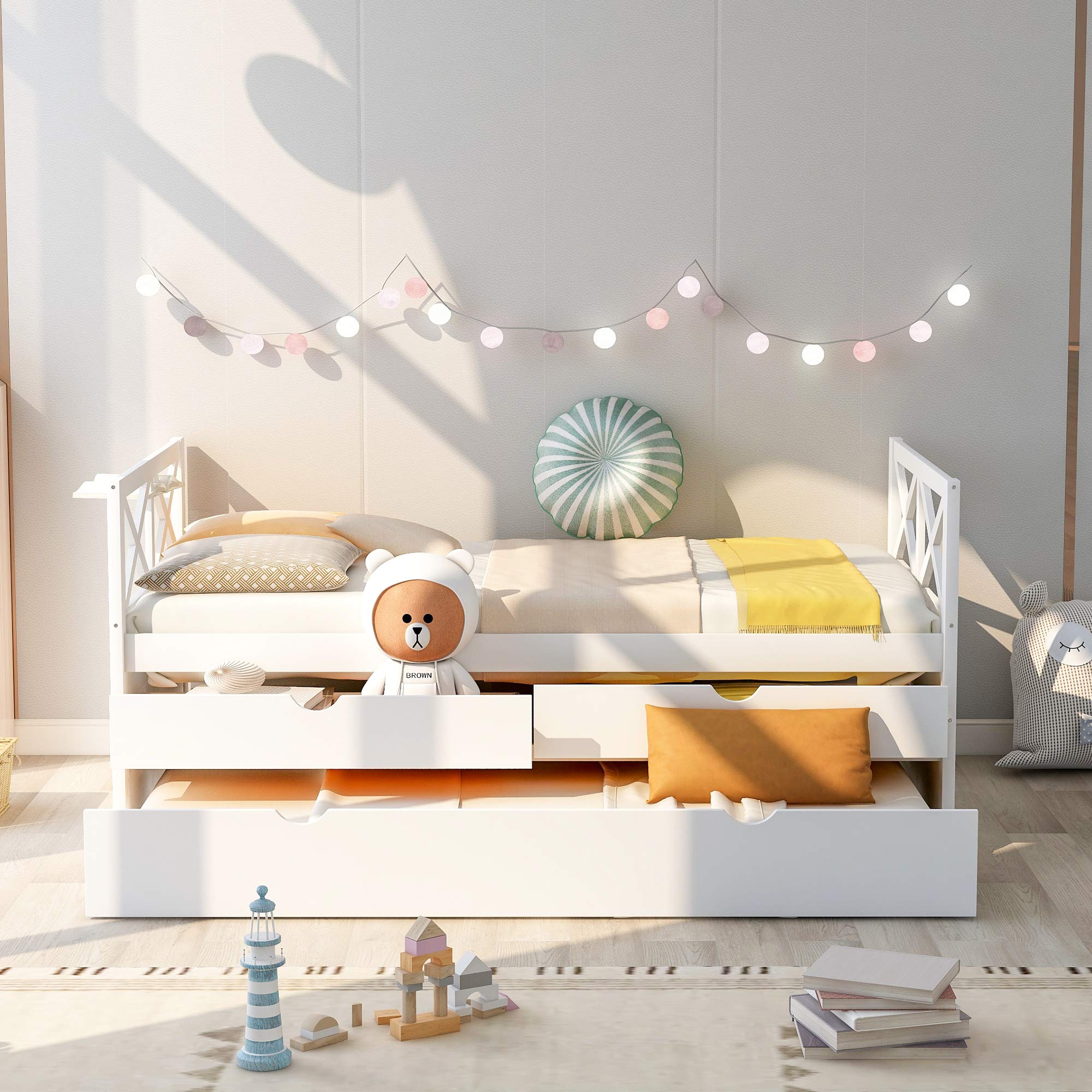 White Twin Captain's Bed with Trundle & Storage - Wood Platform Bed Frame with Headboard & Footboard for Kids, Teens & Adults | No Box Spring Needed, Easy Assembly | Perfect for Small Bedrooms, Guest Rooms & Dormitories