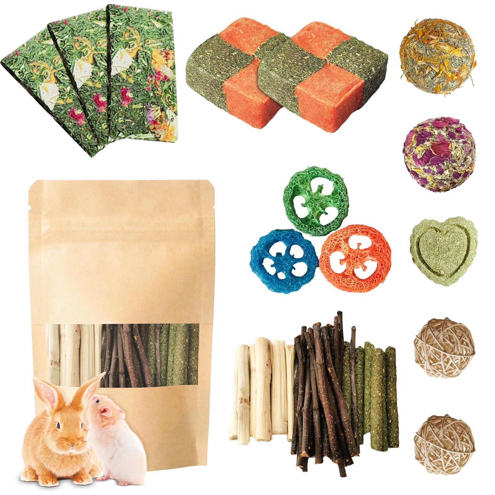 Natural Bunny Chew Toys for Rabbits & Small Pets - Herbal Crisp Chips, Timothy Hay Sticks, Sweet Bamboo & Apple Wood - Safe Hamster Toys for Guinea Pigs, Gerbils & Syrian Pets - Perfect for Indoor Play & Dental Health