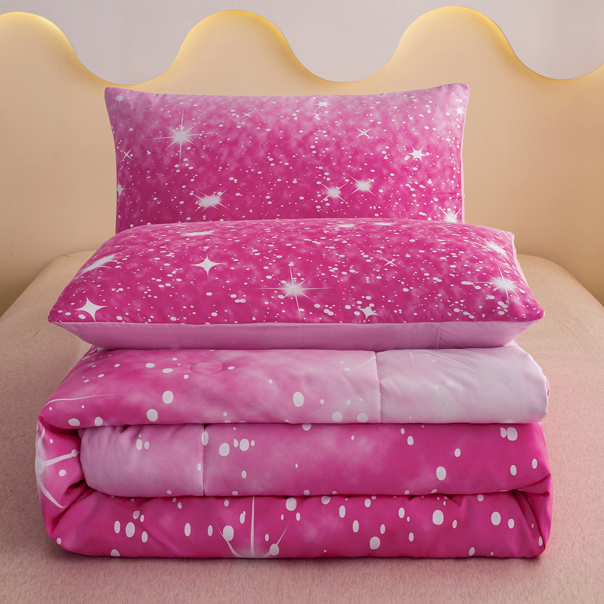 Sparkly Galaxy Full Size Comforter Set for Girls - Pink Glitter Bedding with 2 Pillowcases (3 Piece Set) | Soft & Cozy Teen Room Decor for Sleepovers & Birthday Gifts