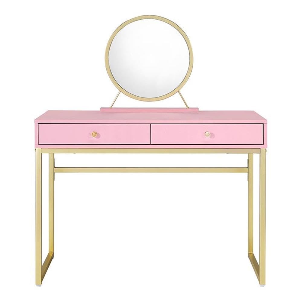 Acme Coleen 2-Drawer Wooden Vanity Desk with Jewelry Tray - Pink & Gold Finish | Perfect for Bedroom Makeup Organization & Jewelry Storage