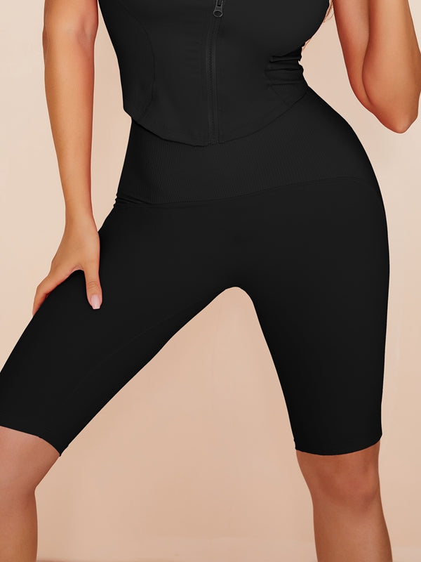 ZASUWA Women's Solid Color Zip-Up Tracksuit Set - Casual Short Sleeve Athletic Outfit for Gym, Running & Streetwear Fashion