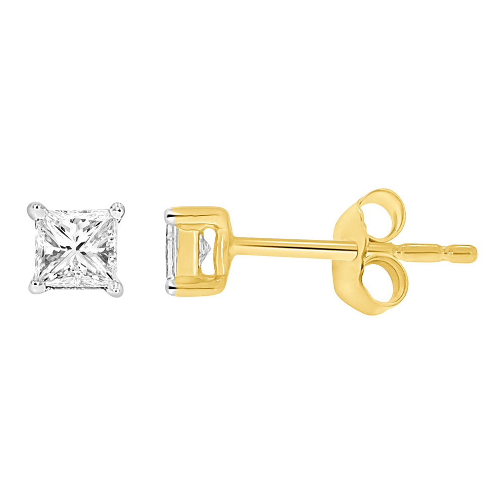 9ct Yellow Gold 1/5 Carat Princess Cut Diamond Stud Earrings for Women - Elegant Everyday Jewelry Gift for Anniversary, Birthday & Special Occasions