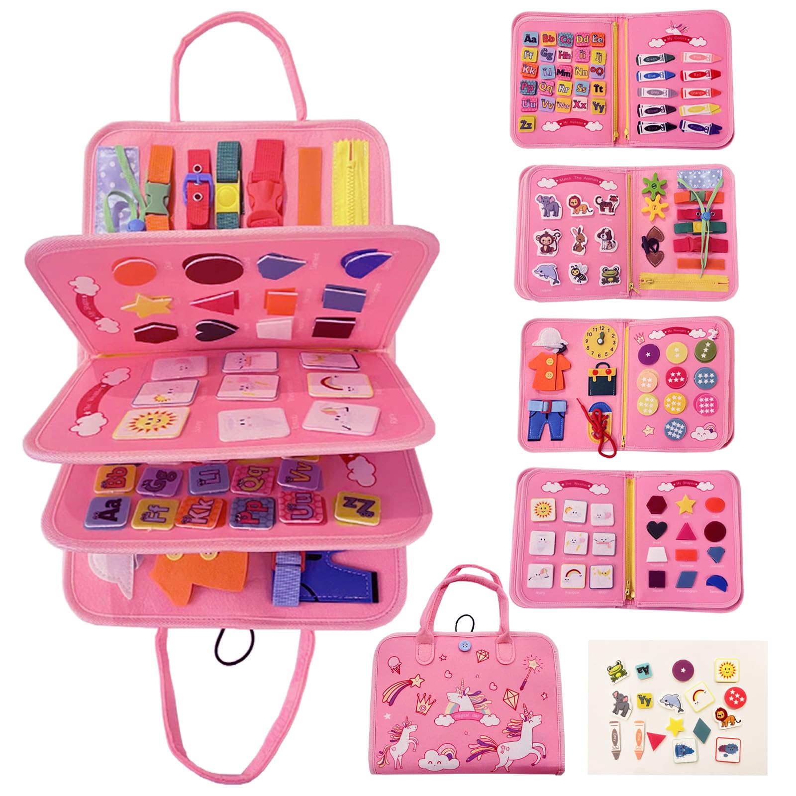Montessori Busy Board for Toddlers 1-4 Years - Sensory Learning Toy for Boys & Girls - Perfect Gift for 1 2 3 4 Year Olds (Pink) - Develop Fine Motor Skills & Early Education at Home or Travel