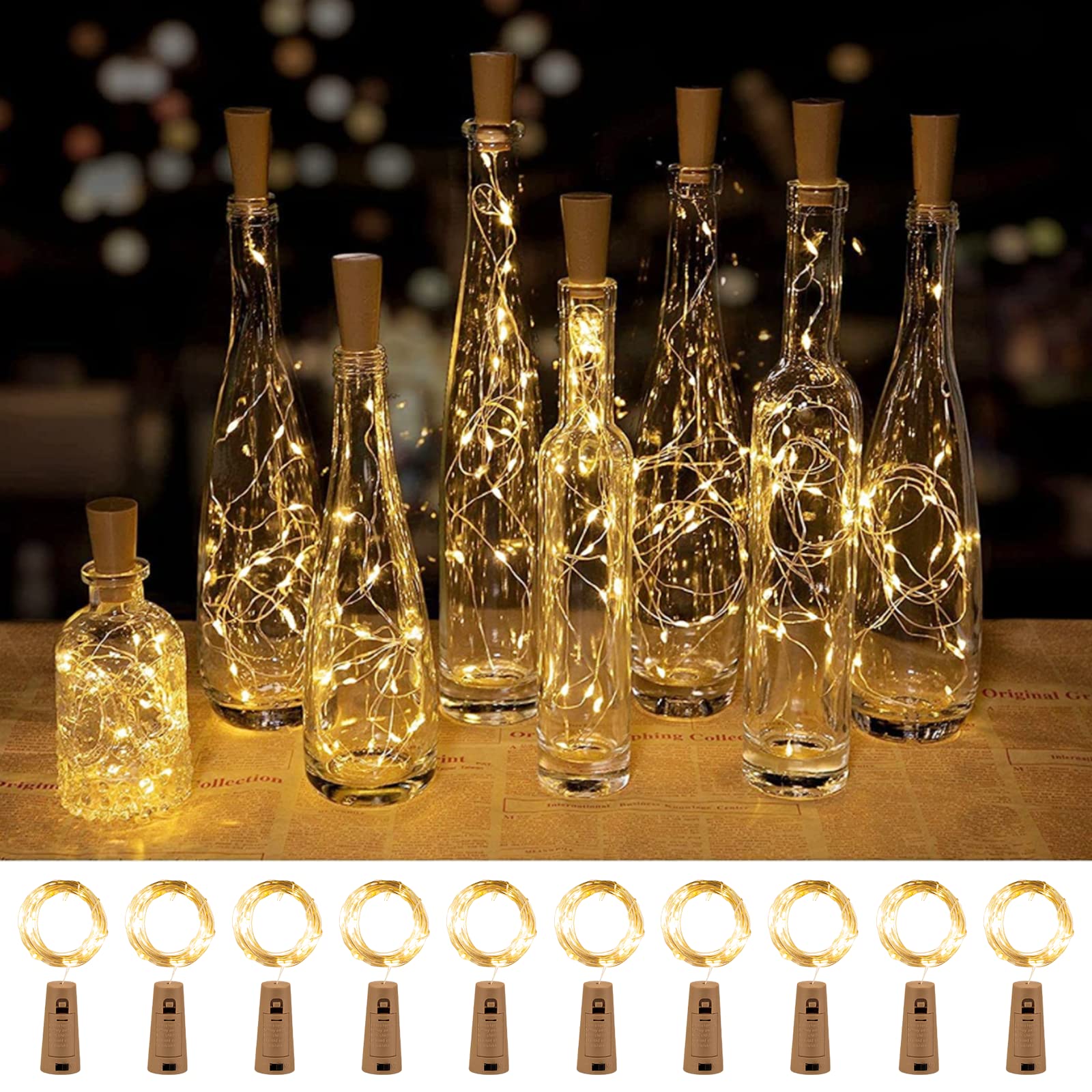 Brightown 10 Pack LED Wine Bottle Lights with Cork - 20 Silver Wire Waterproof Battery Operated Mini Fairy Lights for Liquor Bottles, DIY Party Bar Christmas Wedding Decorations - Perfect for Home, Restaurant, Holiday and Special Event Lighting