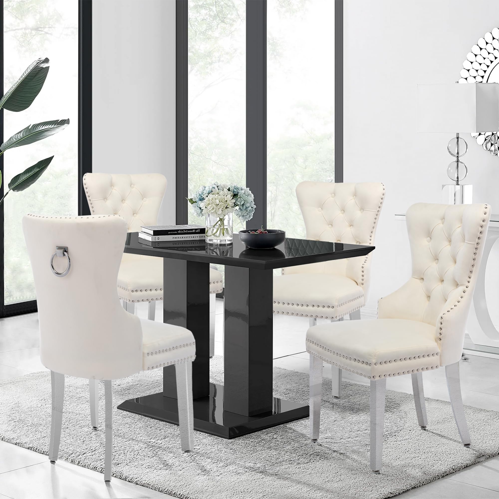 Luxury Velvet Dining Chairs Set of 2 - Tufted Upholstered Dining Room Chairs with Stainless Steel Legs & Ring Pull Design, Beige - Perfect for Modern Dining Rooms, Kitchen Breakfast Nooks & Elegant Home Decor
