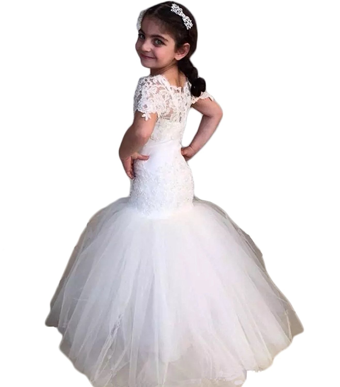 Vintage Lace Mermaid Flower Girl Dresses for Weddings - Short Sleeve Communion Gowns for Kids - Perfect for Bridal Parties, Christenings & Special Occasions
