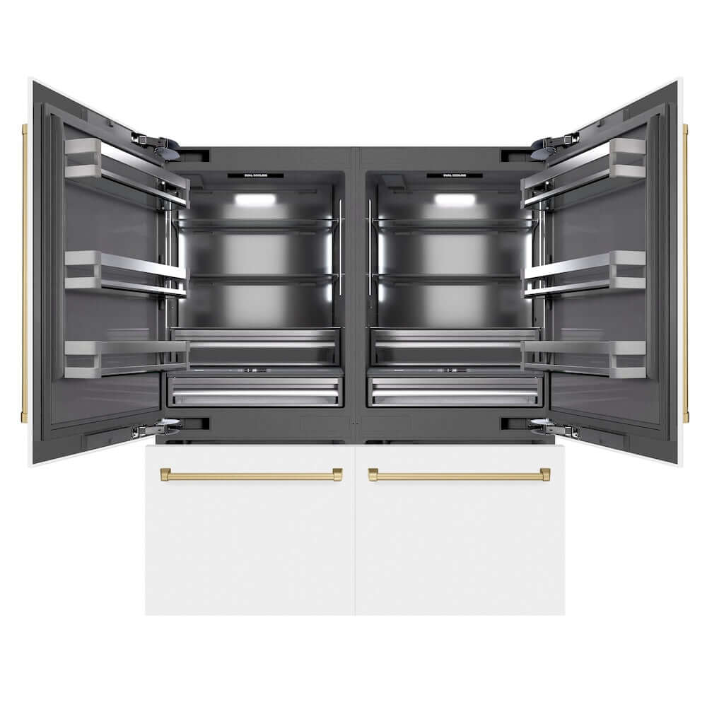 ZLINE Autograph Edition 72-Inch French Door Built-In Refrigerator - 39.6 cu. ft. Capacity, Bottom Freezer, Water & Ice Dispenser, White Matte Finish with Graphite Gray Interior & Champagne Bronze Accents (GRBITZ WM 72 CB) - Perfect for Modern Kitchens & Luxury Homes