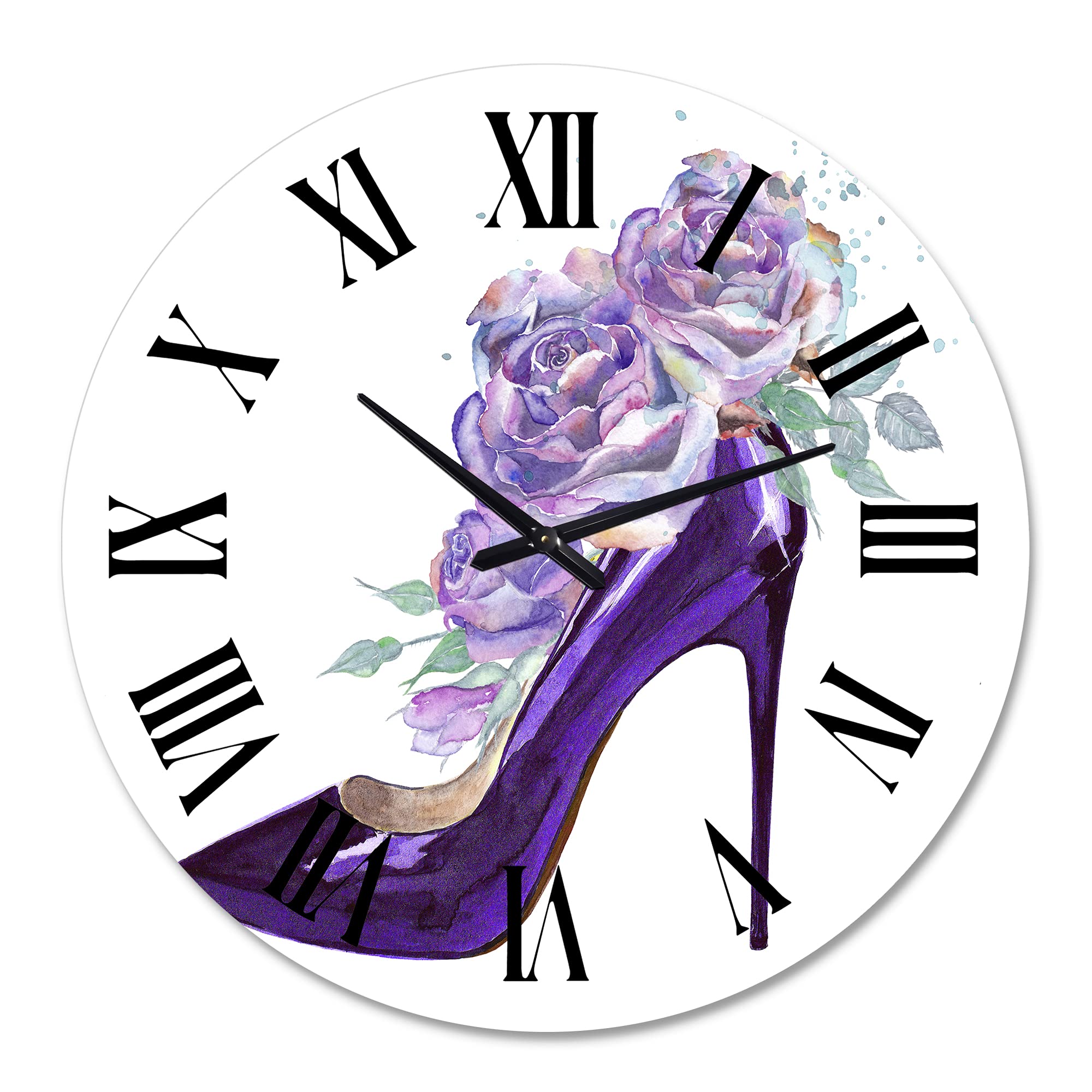 Dark Purple Stiletto Shoe Wall Clock with Pink Violet Roses - Large Floral Botanical Wall Clock for Home & Office Decor - Perfect for Bedroom, Living Room, and Workspace