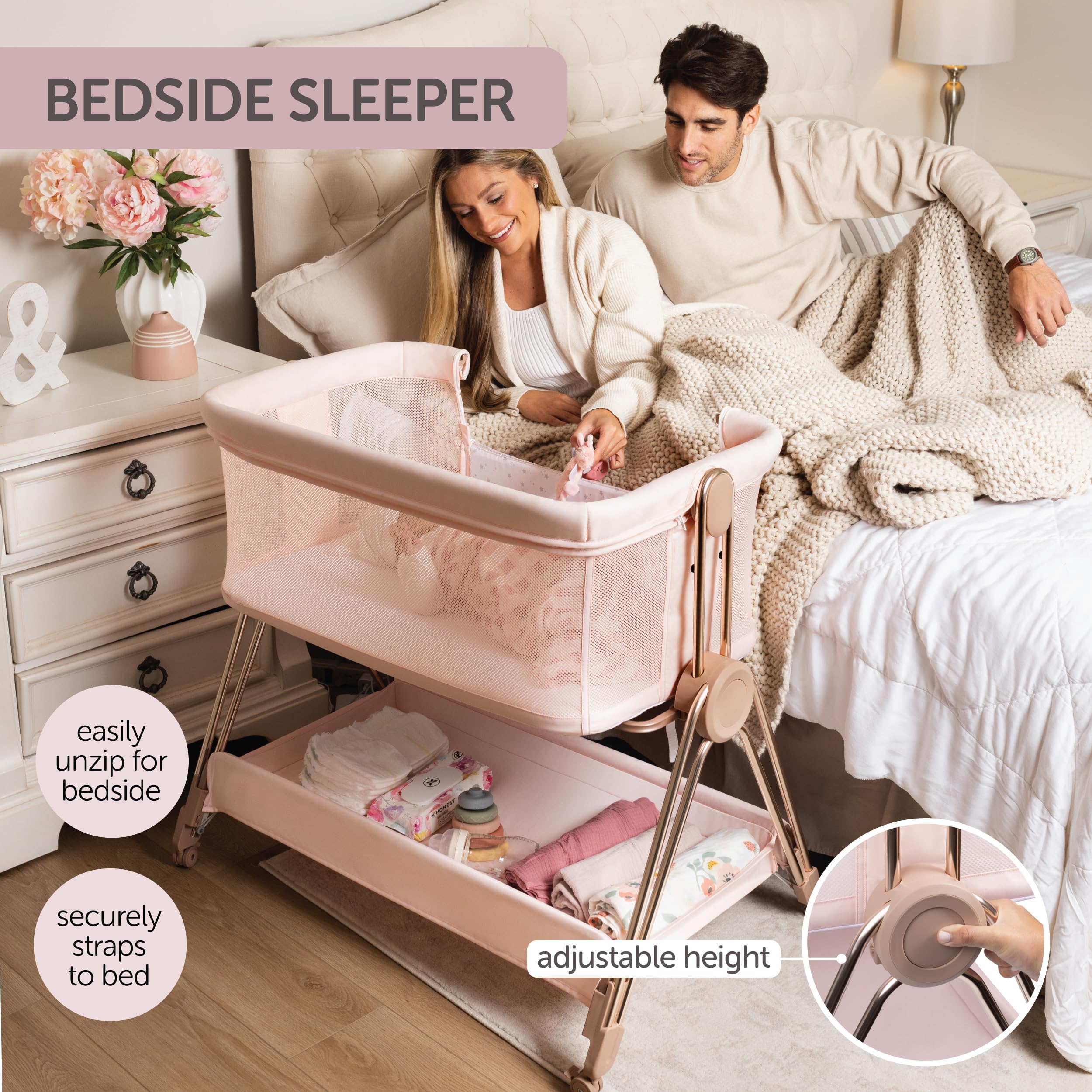 Adjustable Baby Bedside Sleeper Bassinet with Wheels - Portable Foldable Crib for Newborns & Infants - Safe Co-Sleeping Solution with Height Adjustment - Perfect for Nursery, Bedroom & Travel (Pink) - Ideal for Nighttime Feeding & Soothing Baby