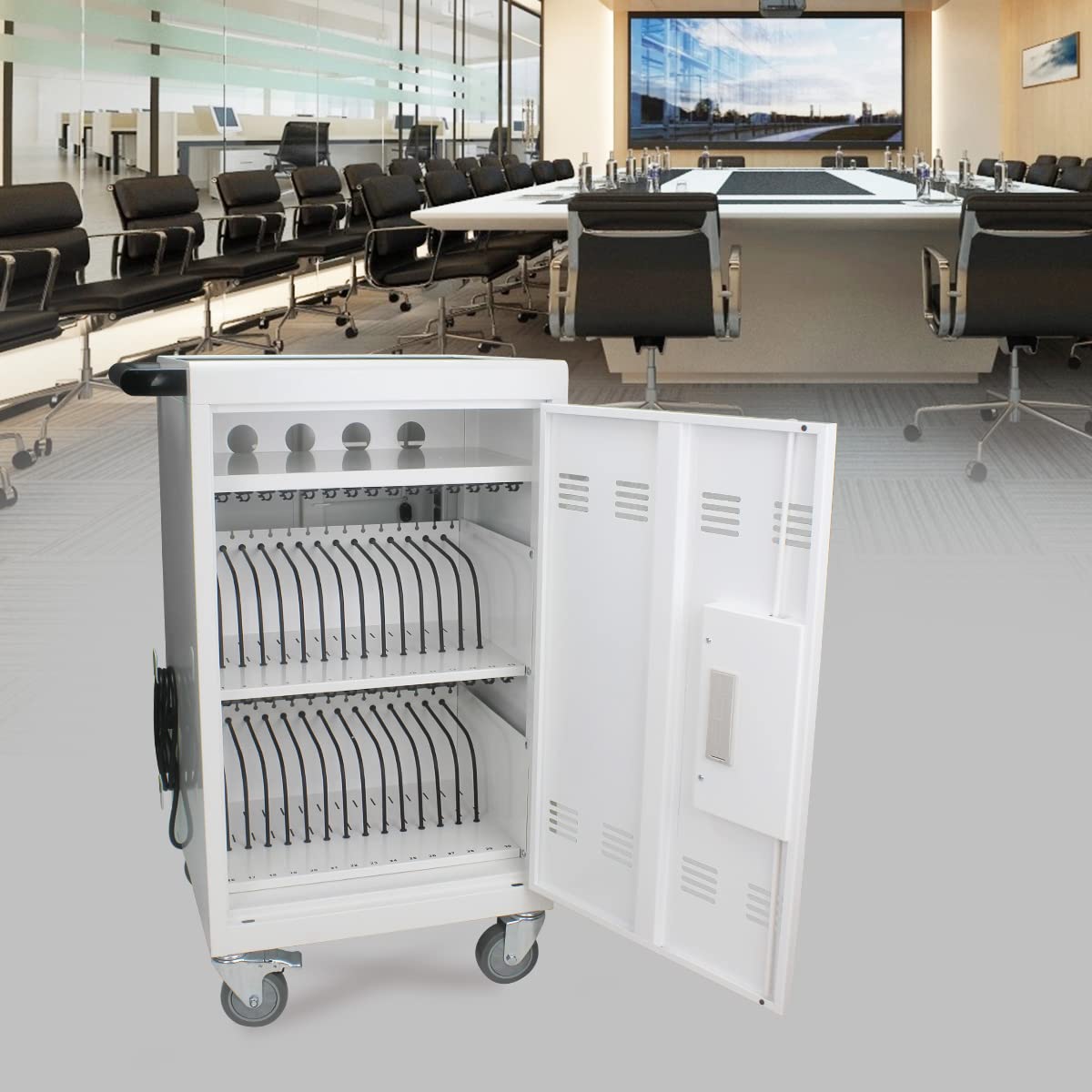30-Device Mobile Charging Cart with Surge Protection - Secure Storage Cabinet for Tablets, iPads, Chromebooks & Laptops up to 17