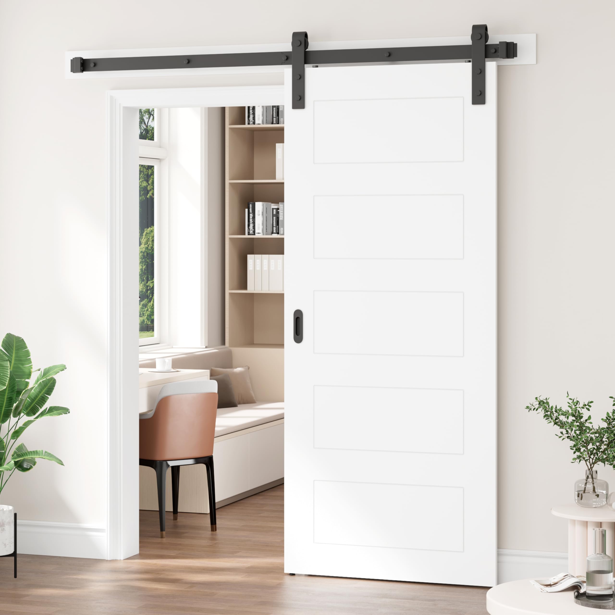 DELAVIN 30 x 84 Inch White Sliding Barn Door Kit with 5-Panel Design - Waterproof & Scratch-Resistant PVC Surface - Includes 5 FT Hardware & Handles - Easy Assembly for Interior Doors - Perfect for Bedrooms, Closets, and Farmhouse Style Homes