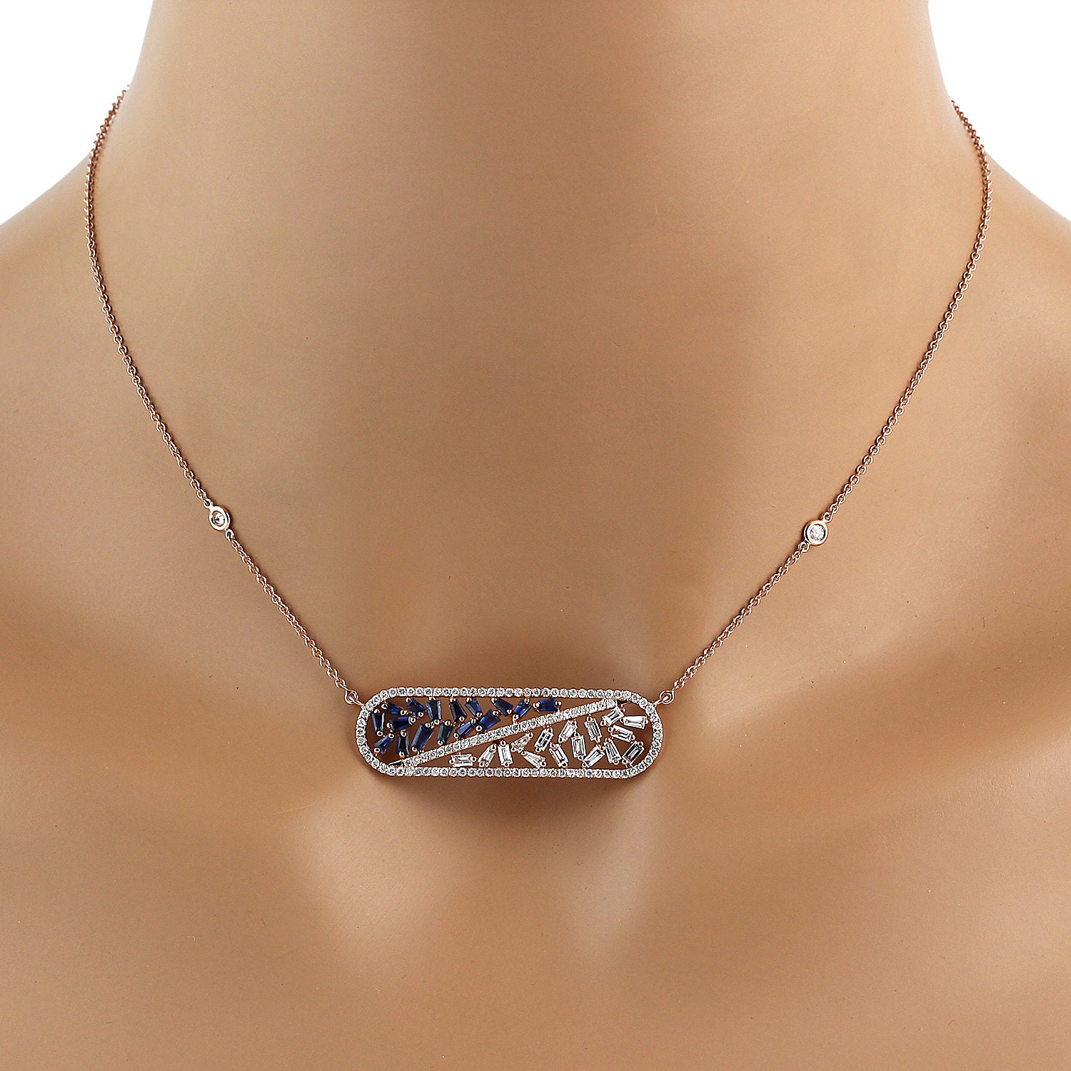 18K Rose Gold Princess Necklace with Baguette Blue Sapphire & Diamond Prong Setting – Elegant Jewelry Gift for Women, Perfect for Weddings, Anniversaries & Special Occasions