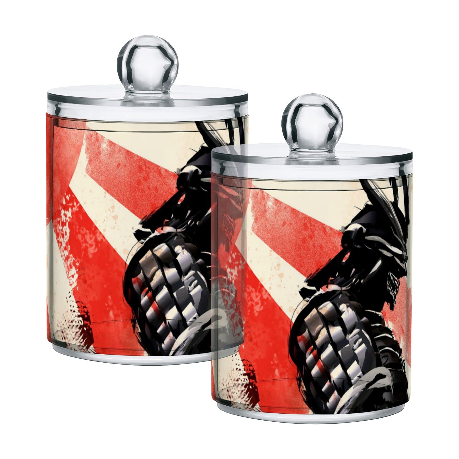 Japanese Samurai Warrior Design Plastic Storage Jars with Lids - Set of 2 Translucent 10oz Food Containers for Tea, Cookies & Cotton Swabs | Airtight Kitchen & Bathroom Organization for Spices, Snacks & Beauty Supplies