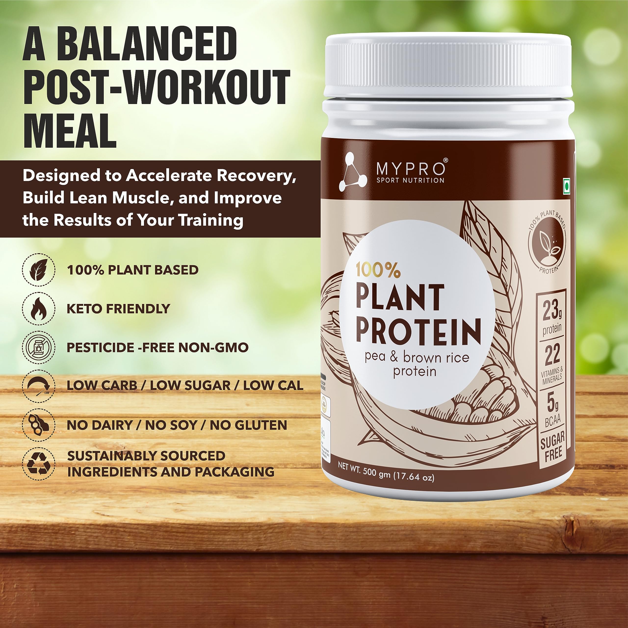 Mypro Sport Nutrition Plant Protein Powder - Pea & Brown Rice Protein (23g Protein, 22 Vitamins & Minerals, 5g BCAA) Vegan Protein Supplement - Coffee Caramel Flavor, 500g | Ideal for Post-Workout Recovery, Muscle Building & Healthy Lifestyle
