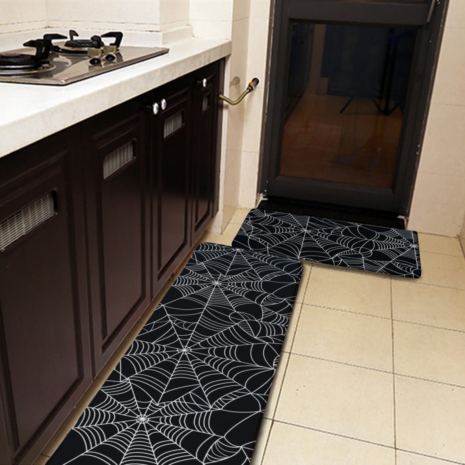 Halloween Spider Web Kitchen Rug Set - 2 PCS Non-Slip Washable Flannel Floor Mats with Black & White Spider Pattern for Kitchen, Bathroom, Laundry - Perfect for Halloween Decor & Home Safety