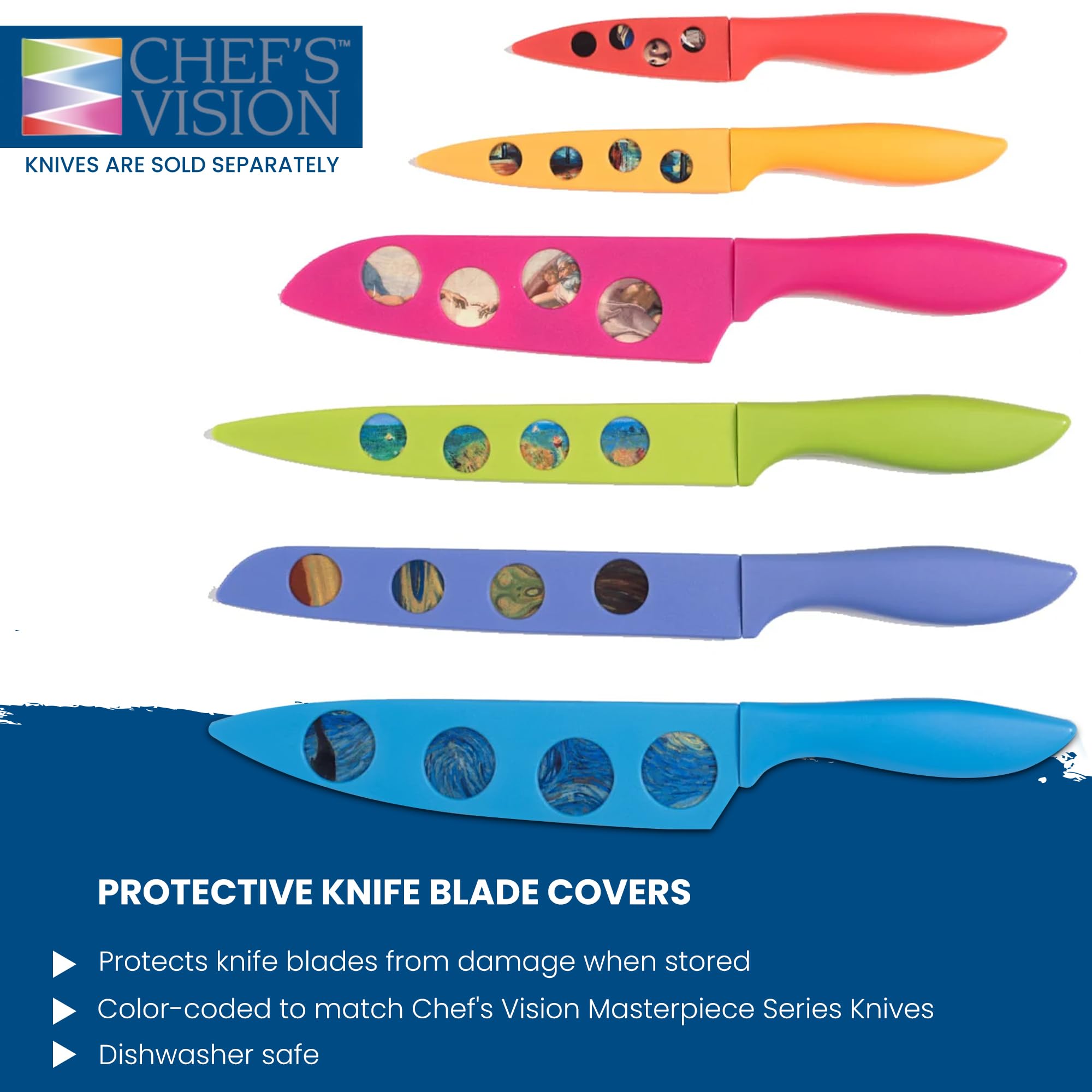 CHEF'S VISION Premium Knife Blade Covers - 6-Piece Set of Durable Knife Guards for Kitchen Knives - Protective Knife Sheaths for Safe Storage - Ideal for Chef Knives, Santoku, Paring & Bread Knives - Perfect for Home Kitchen, Restaurant & Culinary School Use