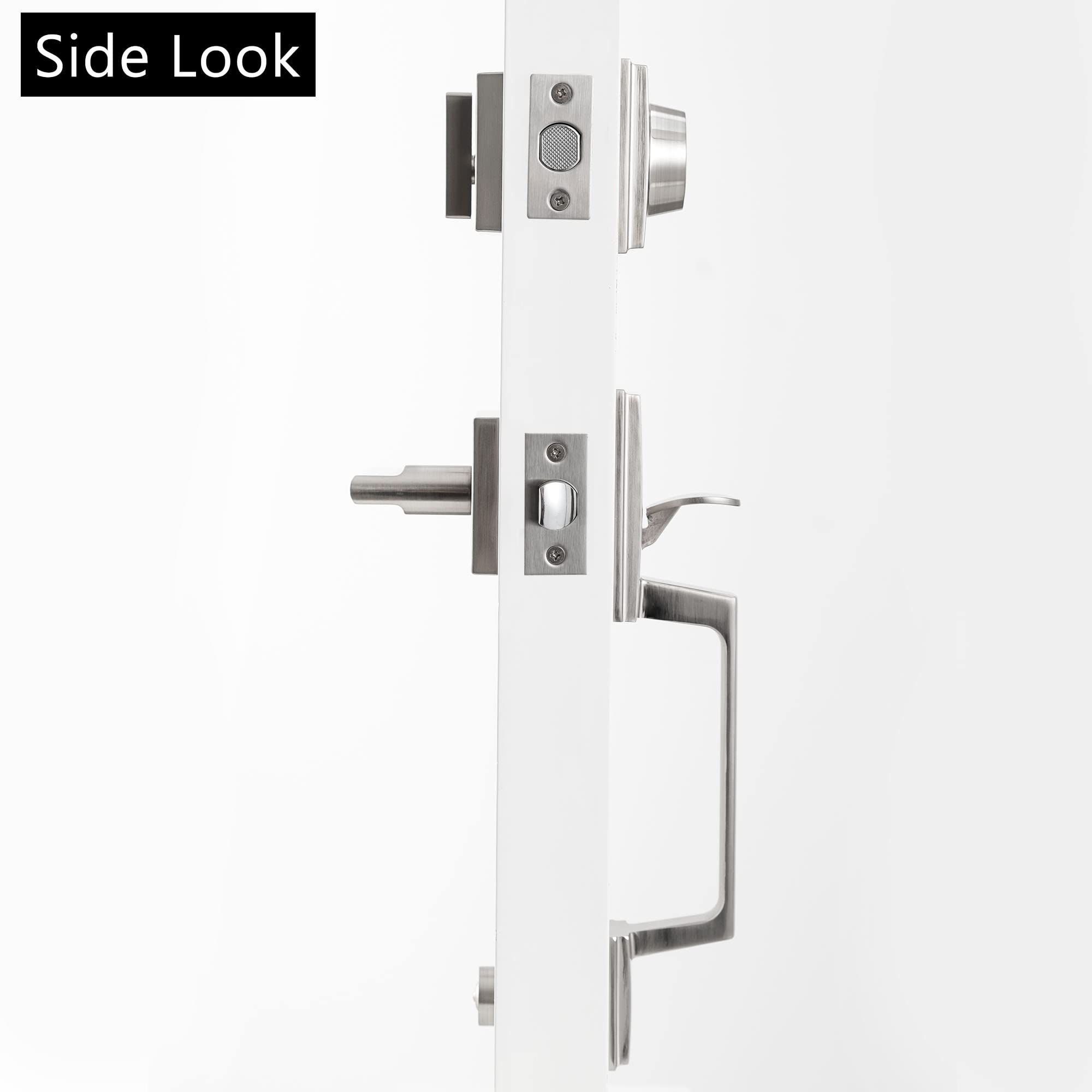 KIAYACI Front Door Lock Set - Satin Nickel Single Cylinder Deadbolt Entry Door Handle with Straight Lower Half Grip - Secure Home, Office & Apartment Entry Doors