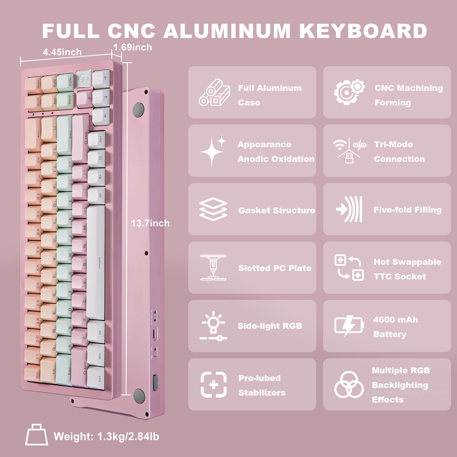 YUNZII AL71 68% Compact Mechanical Keyboard - Full Aluminum CNC Frame, Hot-Swappable Gasket Mount, 2.4GHz Wireless/BT5.0/USB-C Wired, NKRO Programmable RGB Backlit - Creamy Typing for Windows/Mac (Pink, Crystal White Switch) - Perfect for Gaming, Office Work & Content Creation